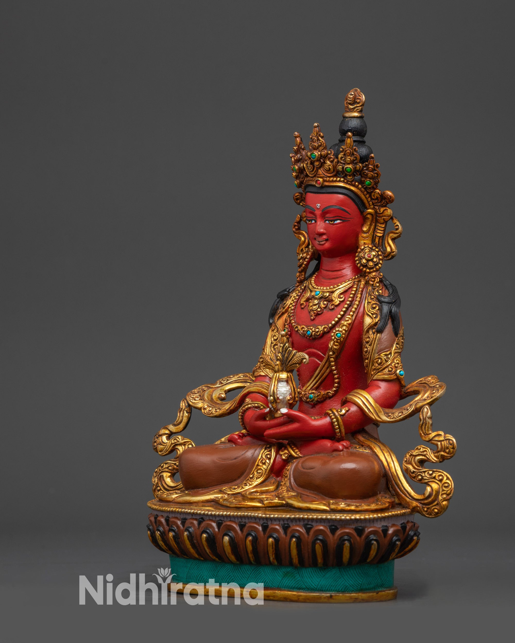 Left view side Handcrafted Amitayus Buddha left side highlighting crown and robe details