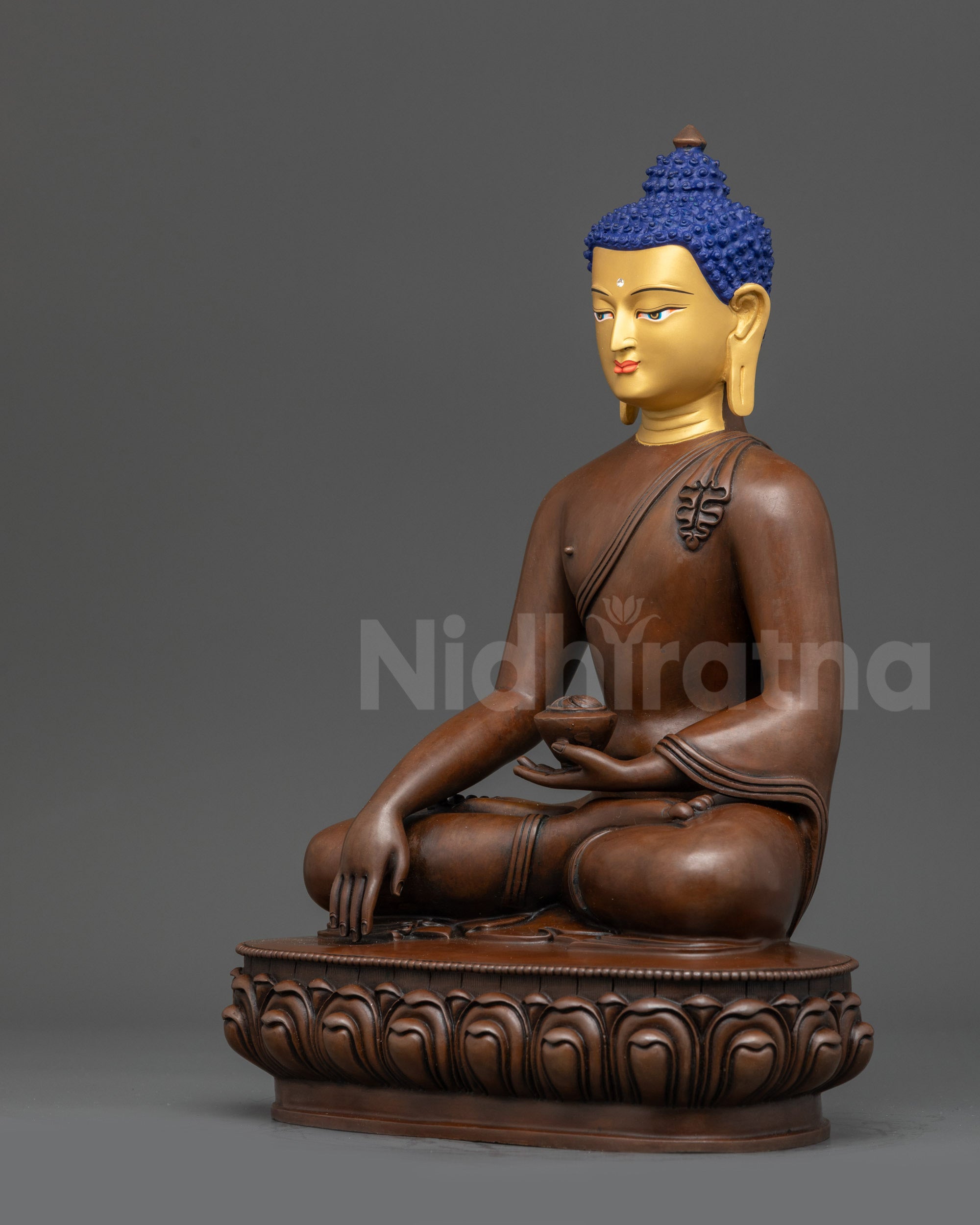 Left view side Oxidized Shakyamuni Buddha statue holding patra bowl with fine details