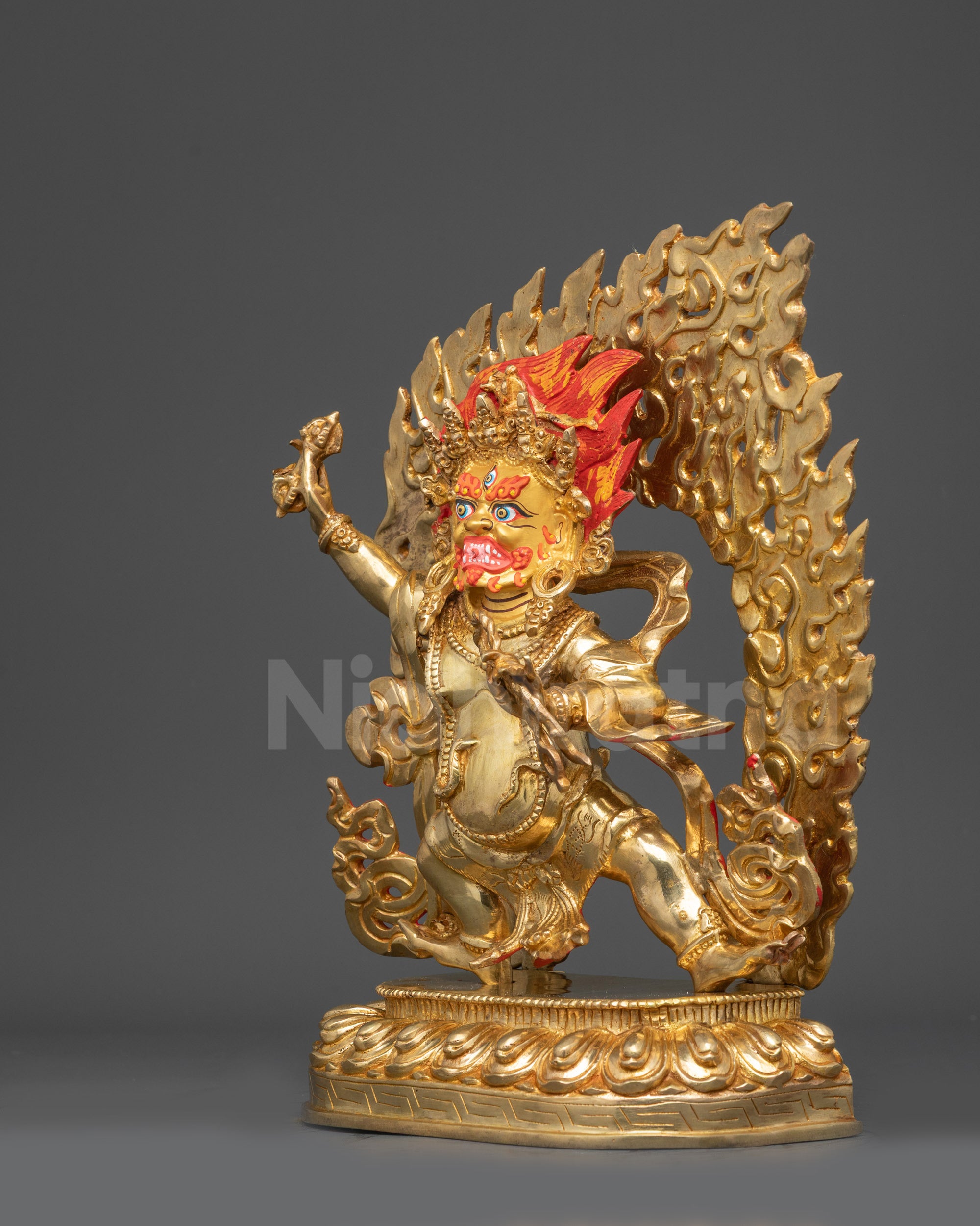 Left view side Vajrapani Statue holding lasso blazing halo Himalayan Buddhist art
