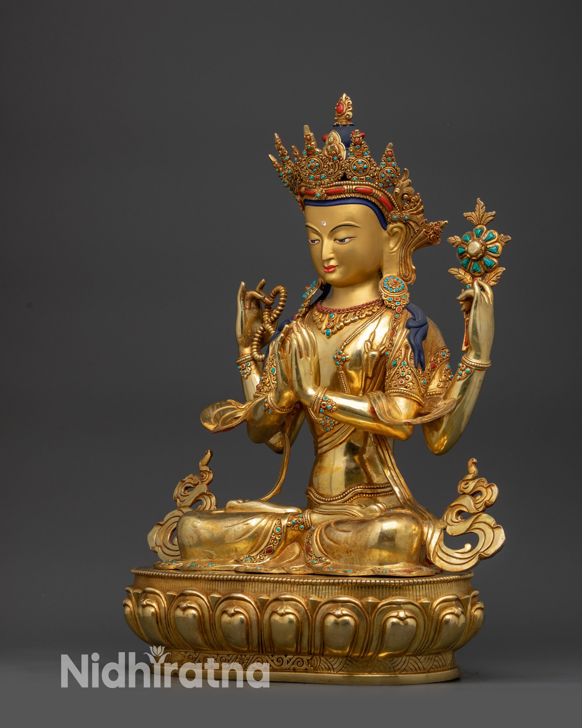 Left view side handcrafted Chenrezig Buddhist statue gold-gilded lotus seat sacred deity