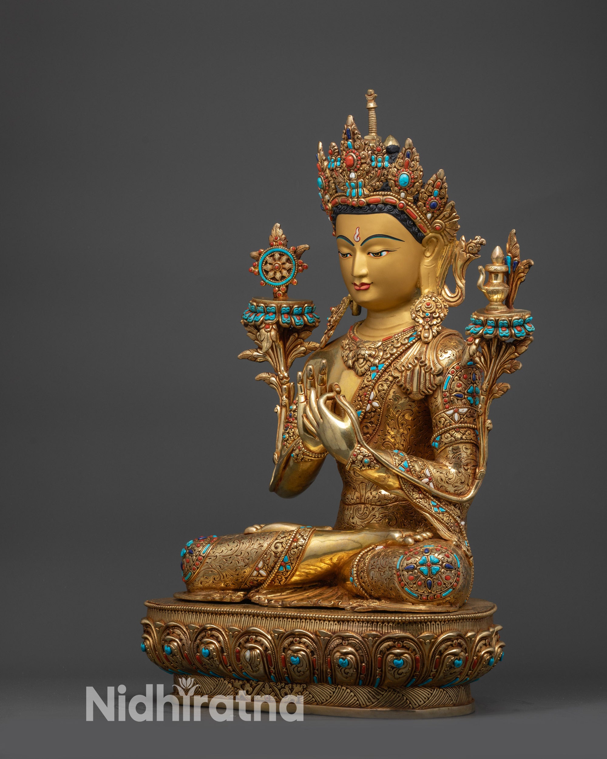 Left view side of Maitreya Buddha statue with sacred vase and lotus pedestal