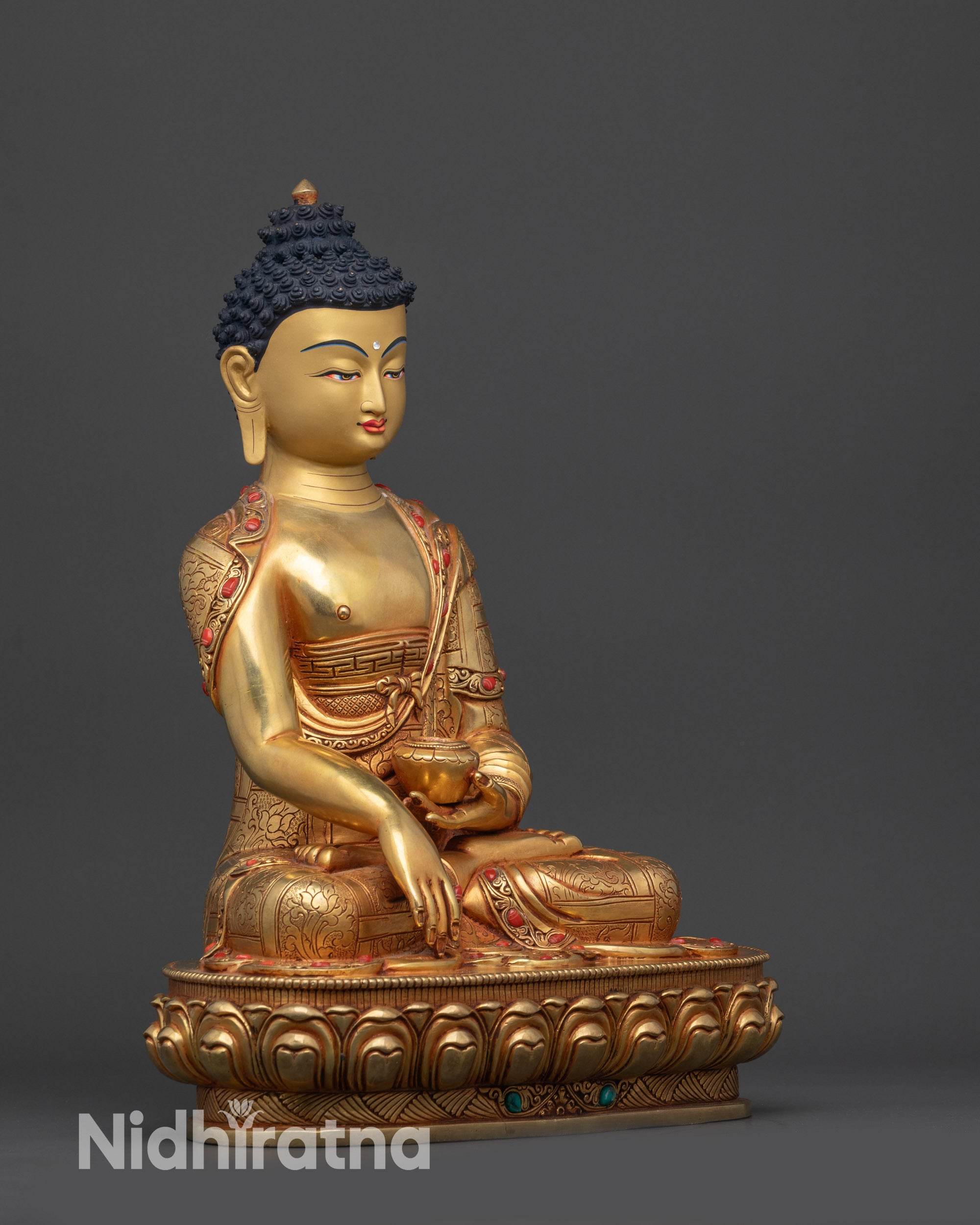 Left view side of Shakyamuni Buddha performing earth-touching mudra for devotion