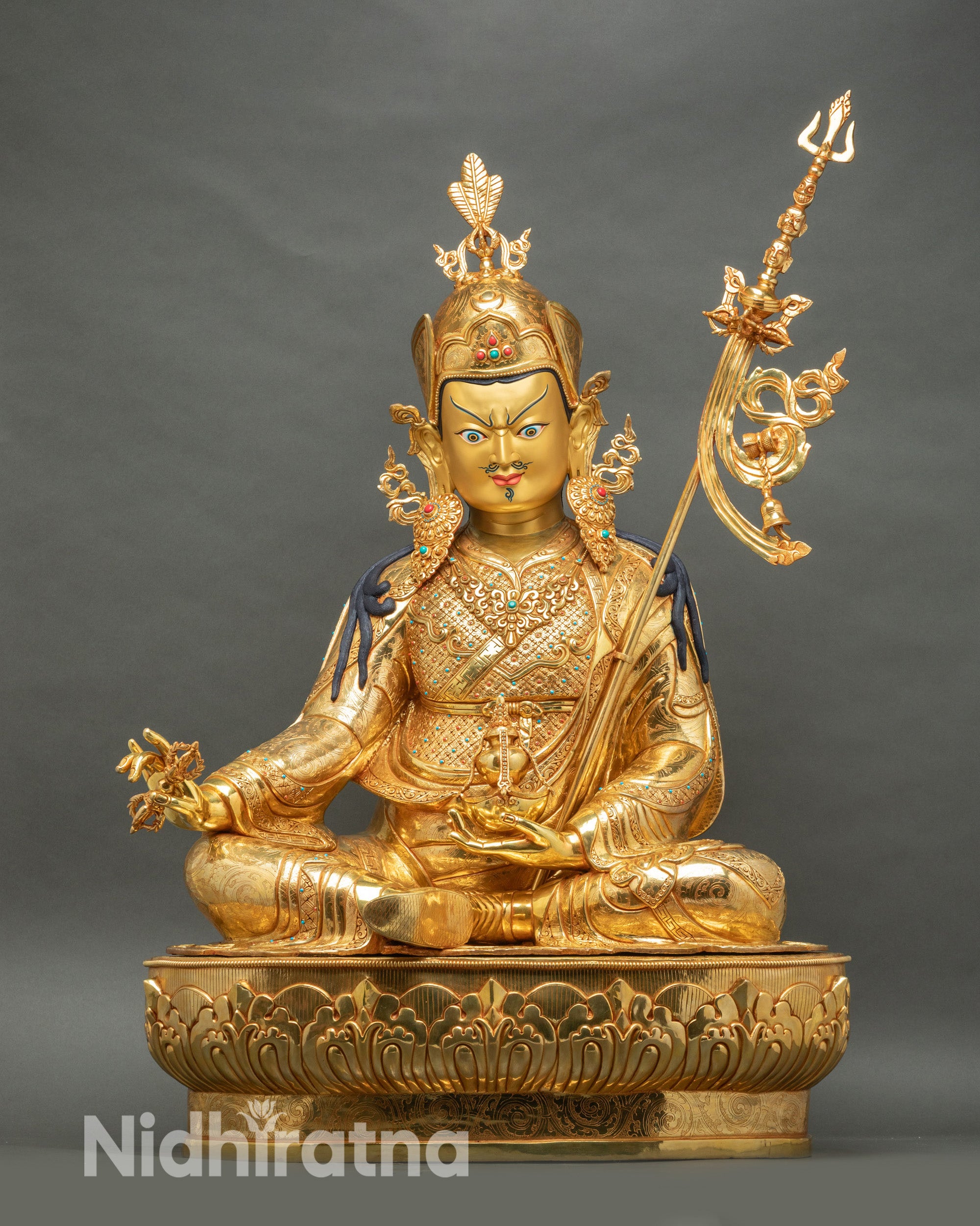 Life-size Guru Rinpoche statue full front view, gold-gilded copper, handcrafted in Nepal, Padmasambhava sculpture