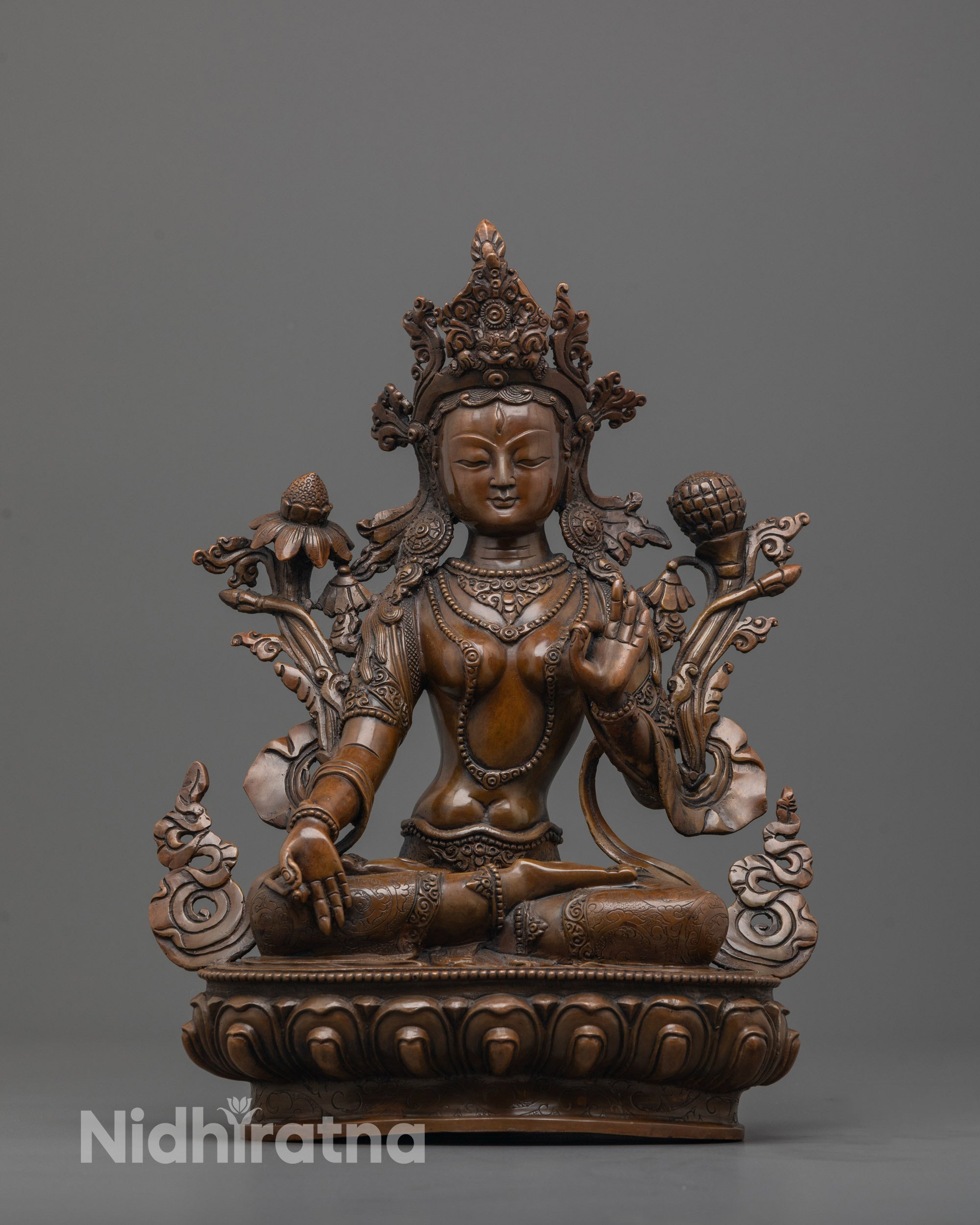 Hand-made oxidized copper white tara statue full image