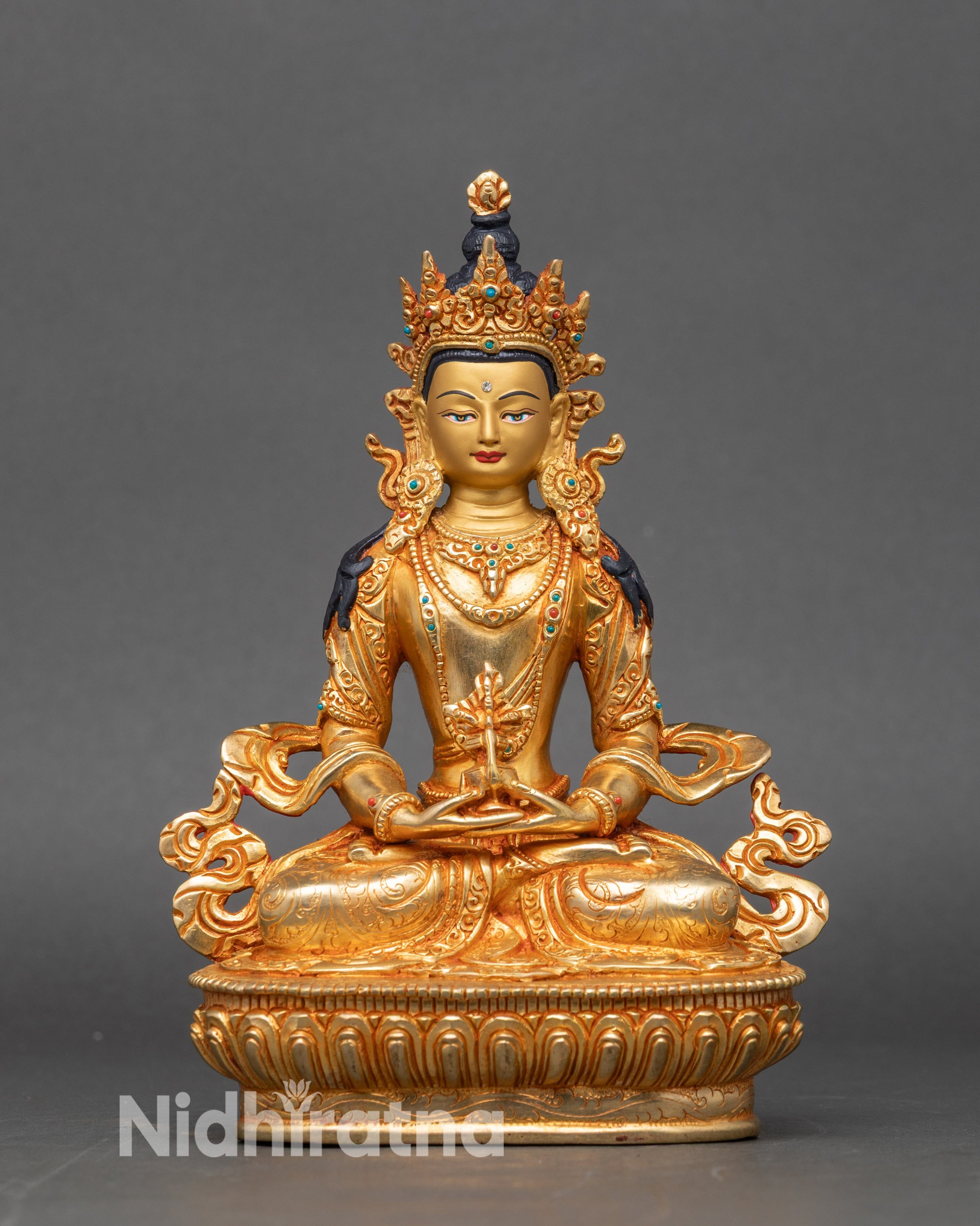 Long Life Amitayus Buddha statue handcrafted in Nepal with 24K gold gilded copper