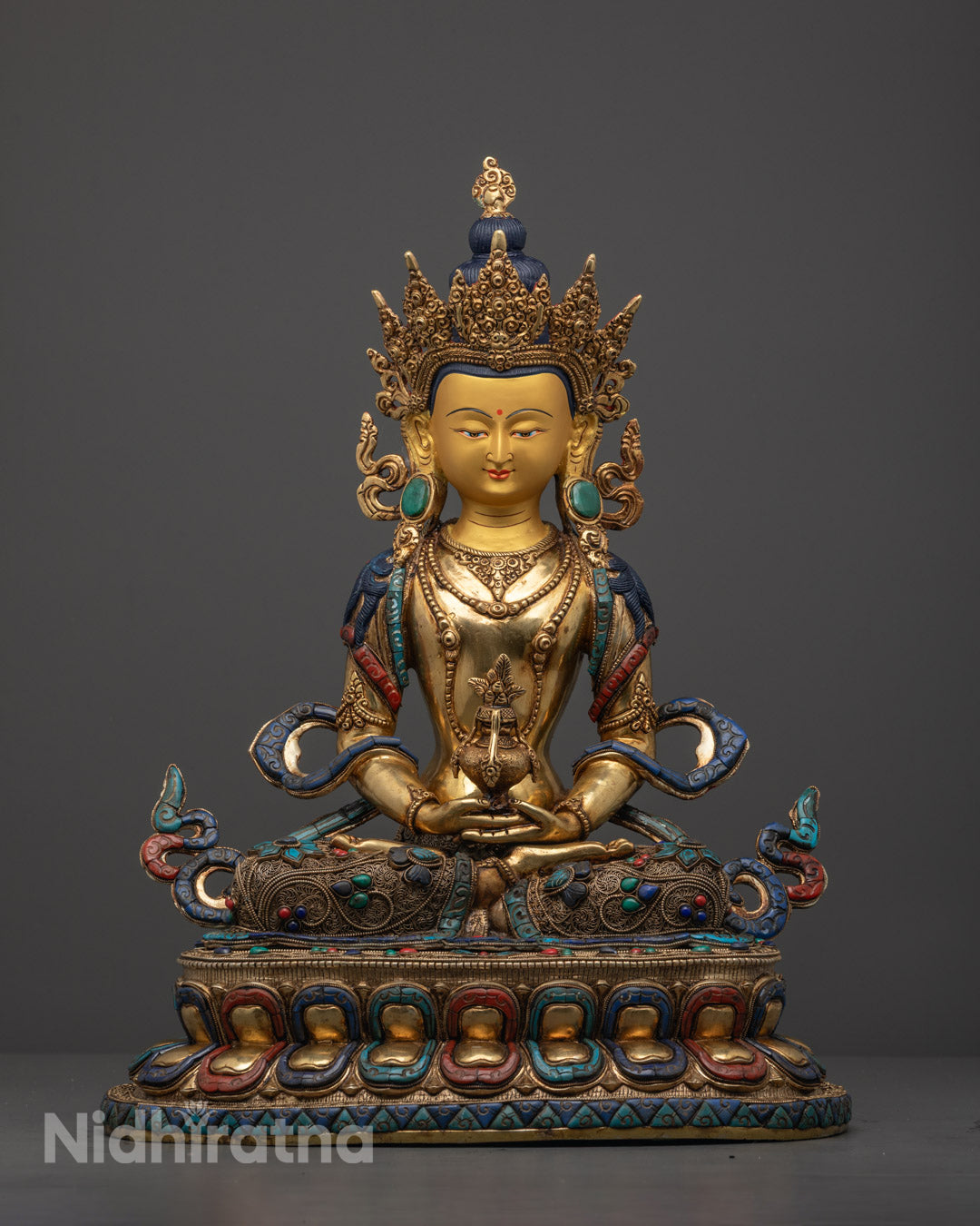 Longevity Amitayus Buddha Statue handcrafted with 24k gold fire-gilded copper body and gold-gilded face adorned with turquoise, coral, and lapis lazuli stones.