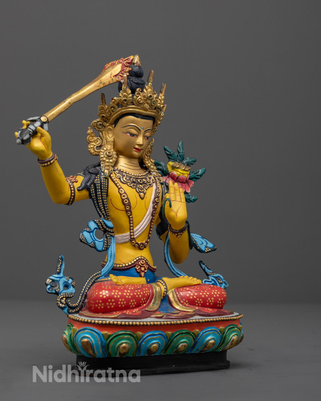 Lost Wax Method Manjushri Statue Holding Flaming Double-Edged Sword and Utpala Blossom