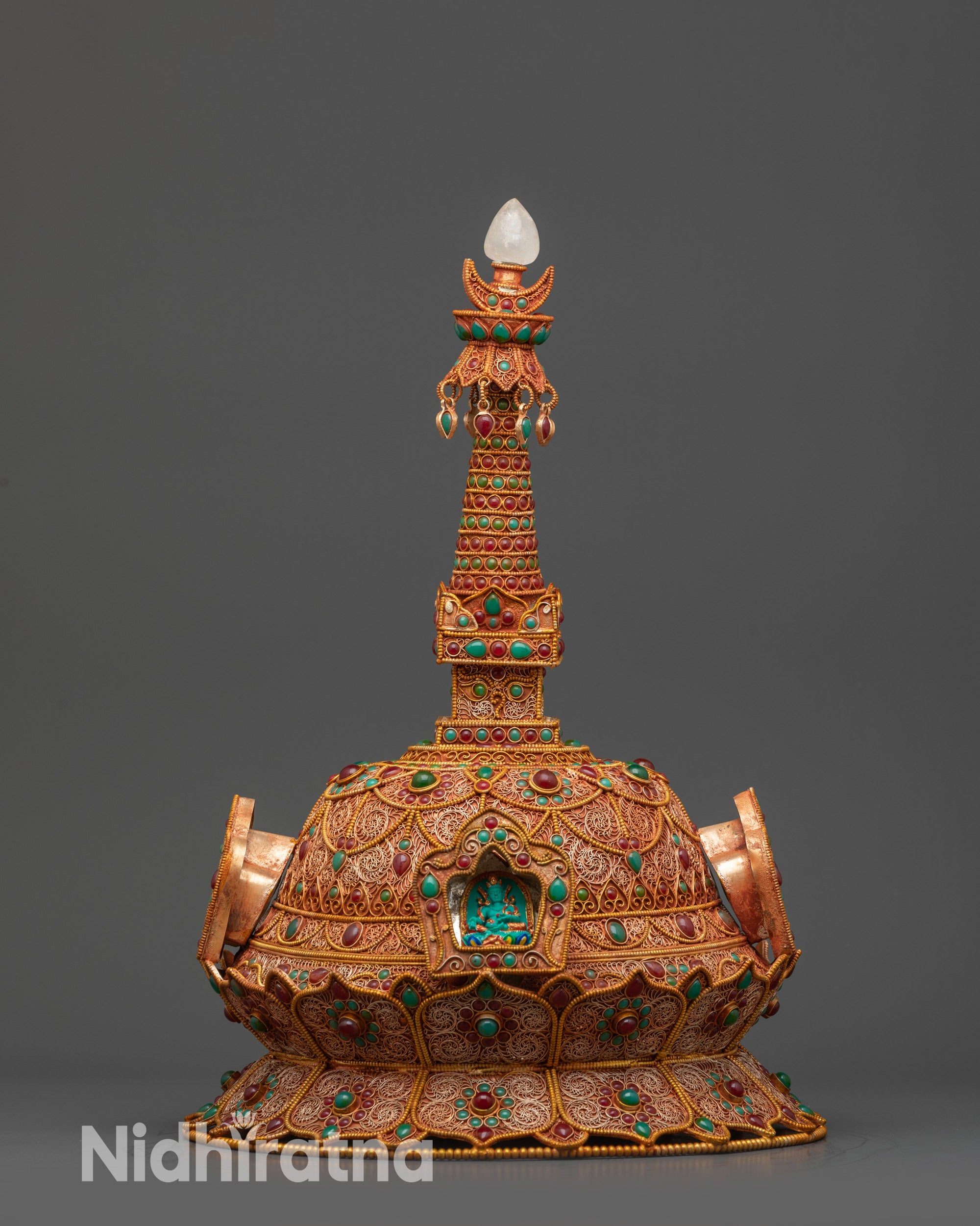 Lotus base Copper Stupa featuring Guru Rinpoche and Shakyamuni Buddha figures