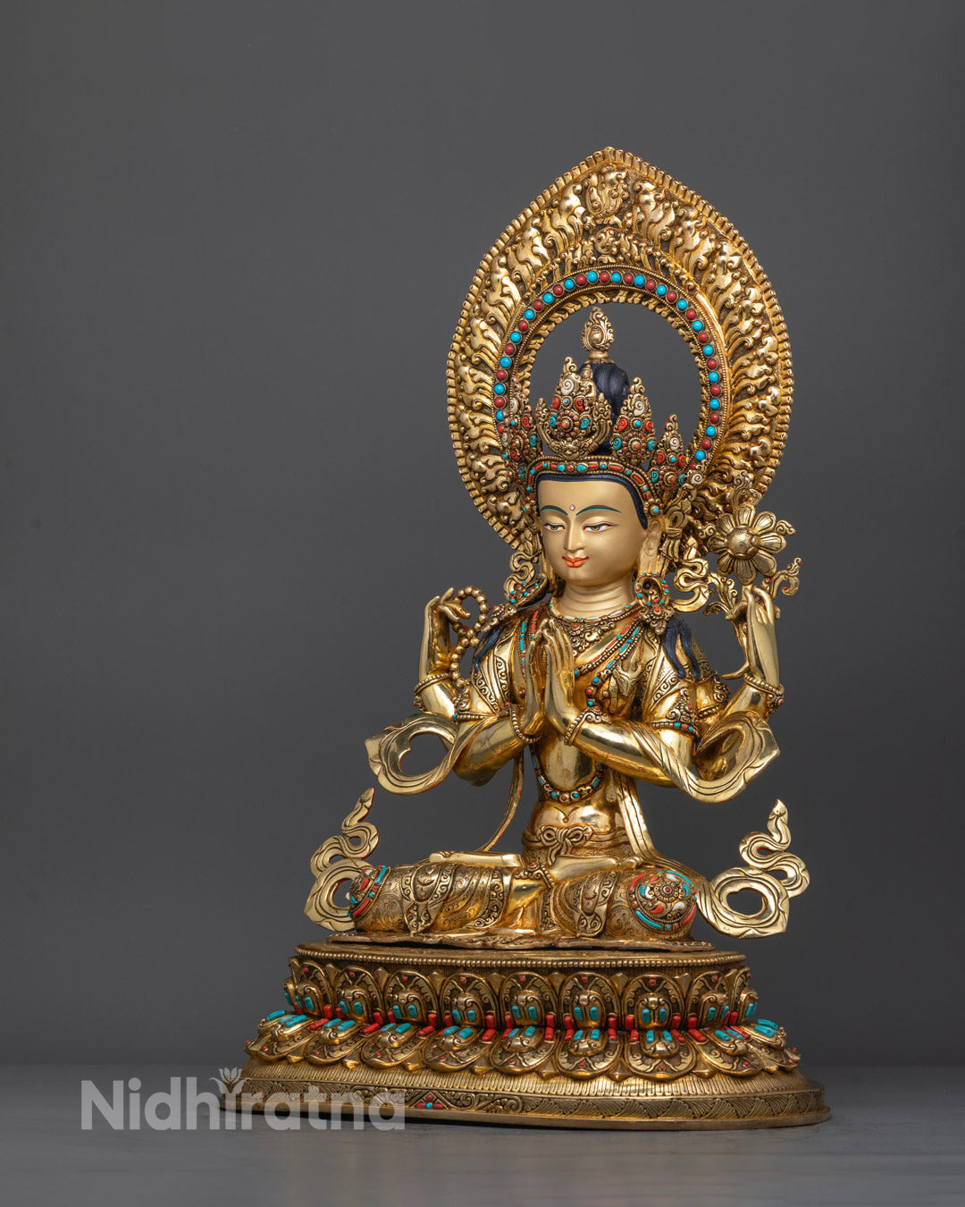 Lotus throne base with hollow section for mantra on hand carved Chenrezig statue