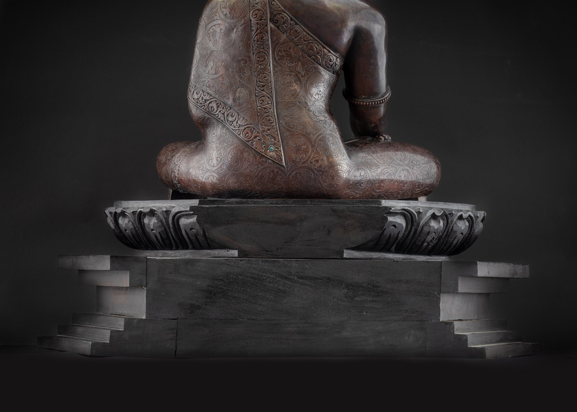 Lower landscape back Shakyamuni Buddha on lotus pedestal, sacred Buddhist statue