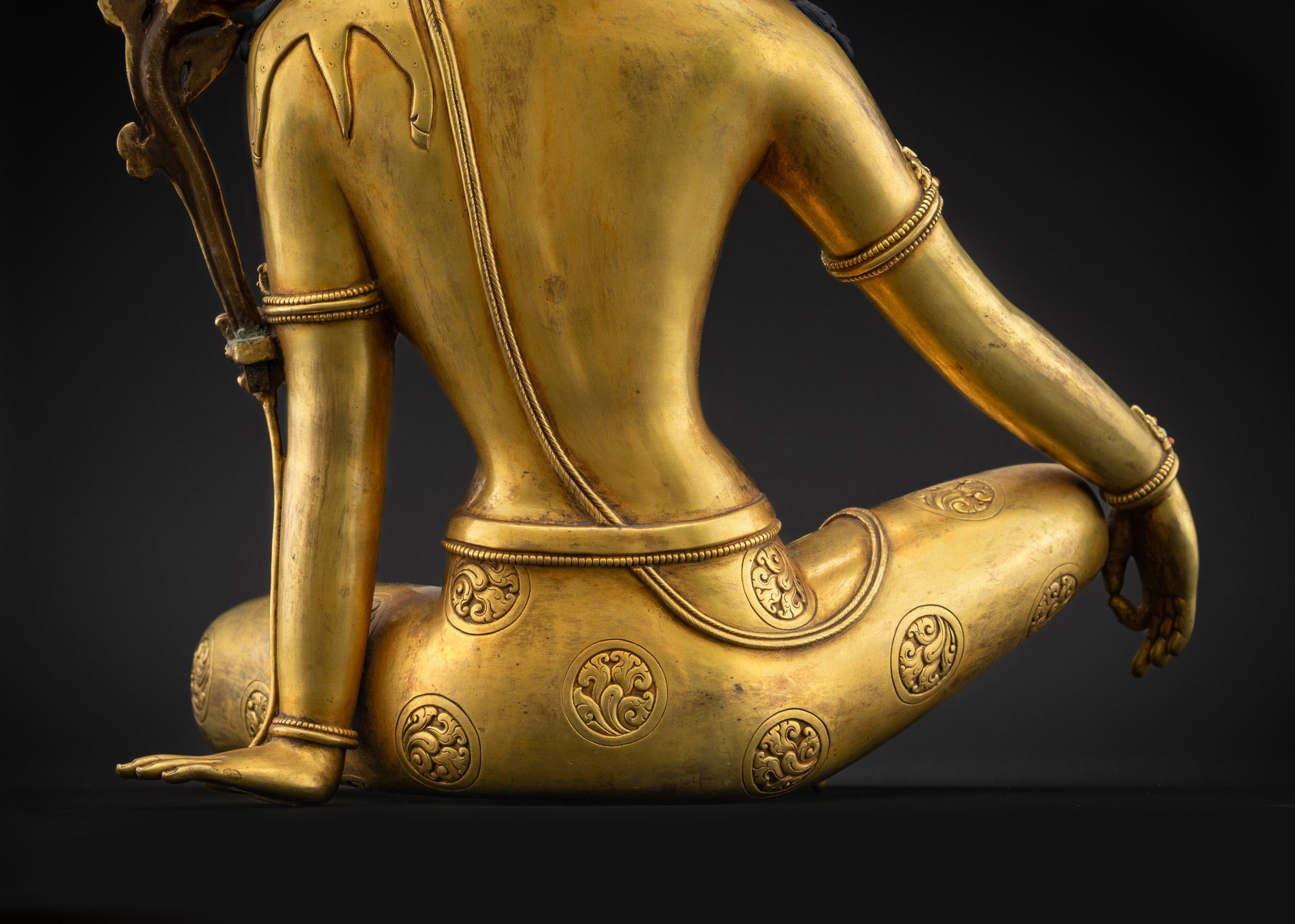 Lower landscape back of Chenrezig statue, carved copper alloy and gold-gilding