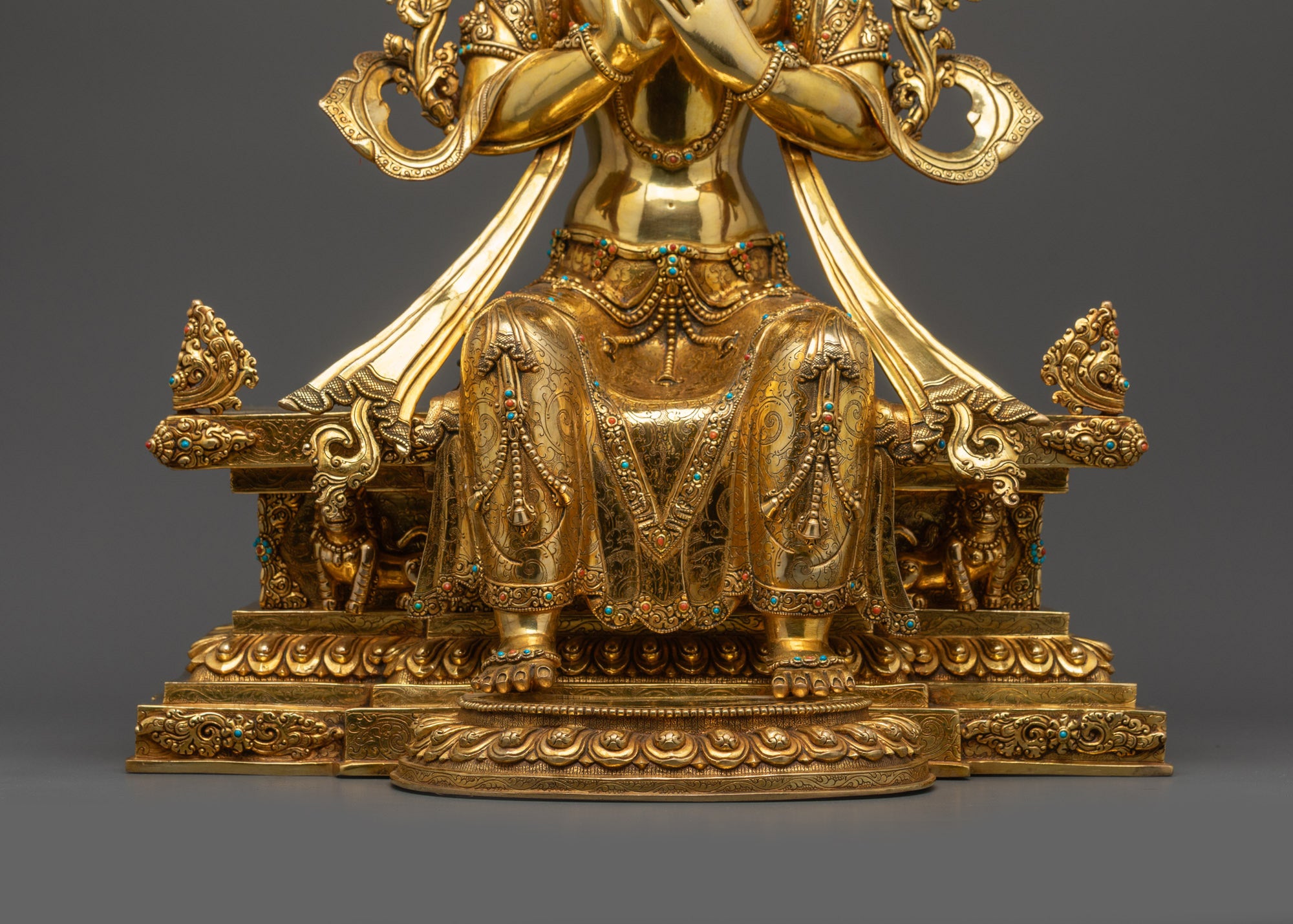 Lower landscape front Maitreya Buddha statue with lotus throne and golden halo