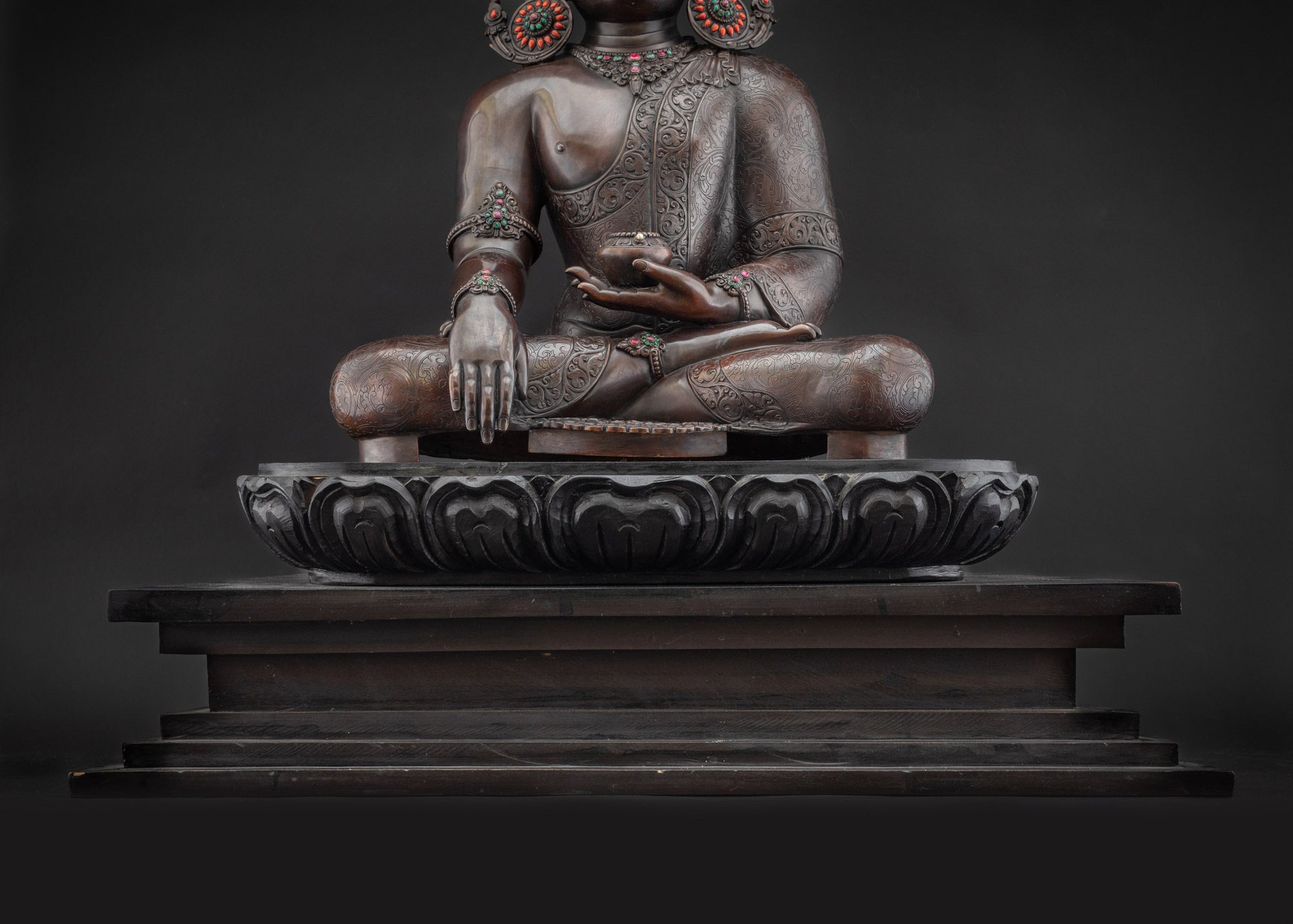 Lower landscape front Shakyamuni Buddha seated on lotus seat wooden throne decor