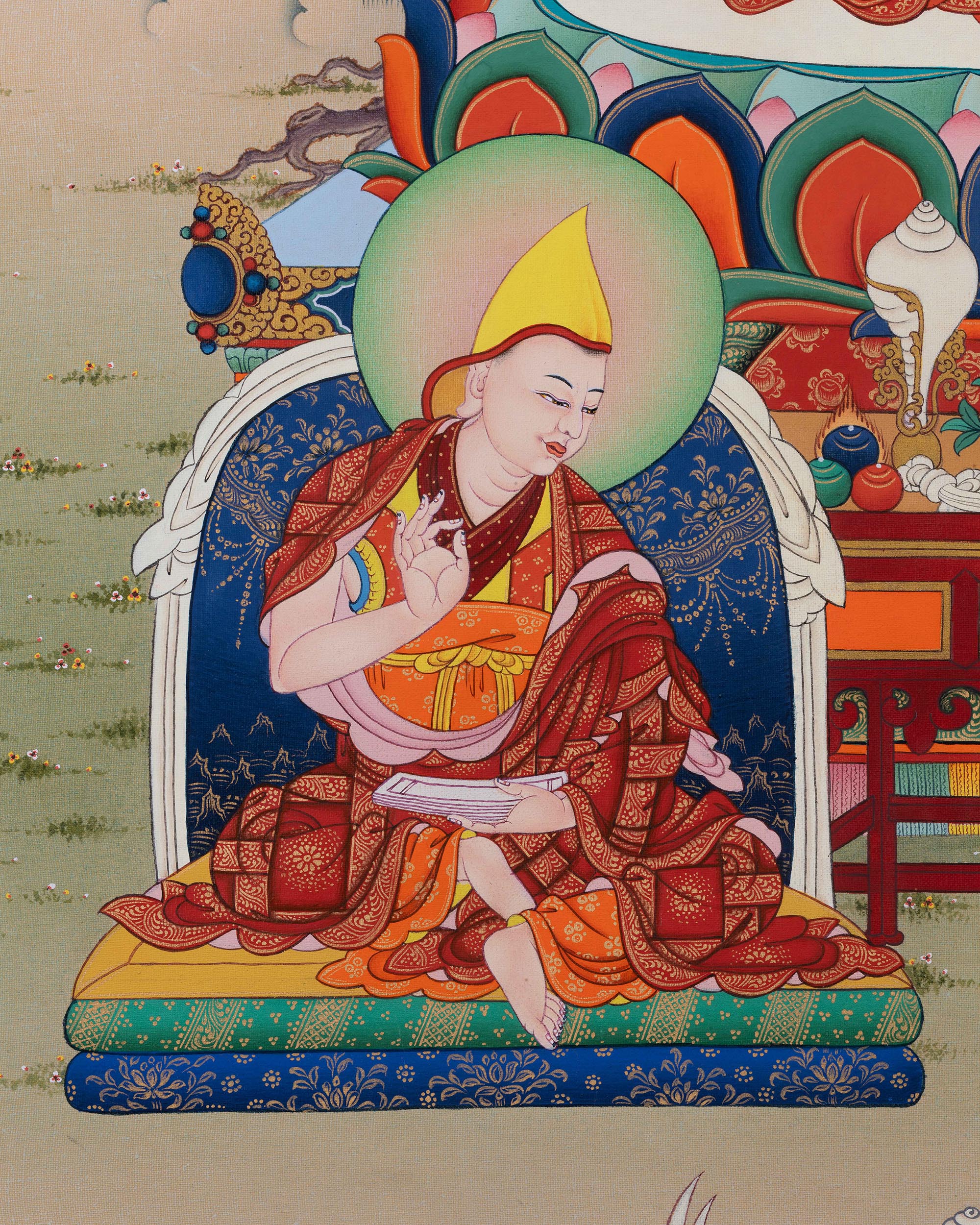 Lower portion of Tsongkhapa Thangka with lotus seat and intricately painted Tibetan dhonka robes
