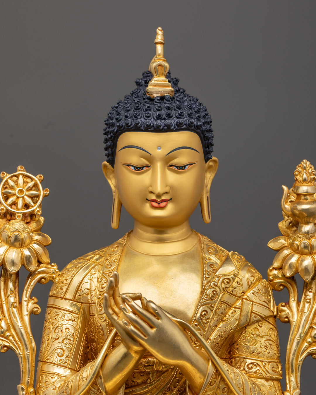 Maitreya Buddha statue with flawless craftsmanship and gold embellishments on a single lotus base.