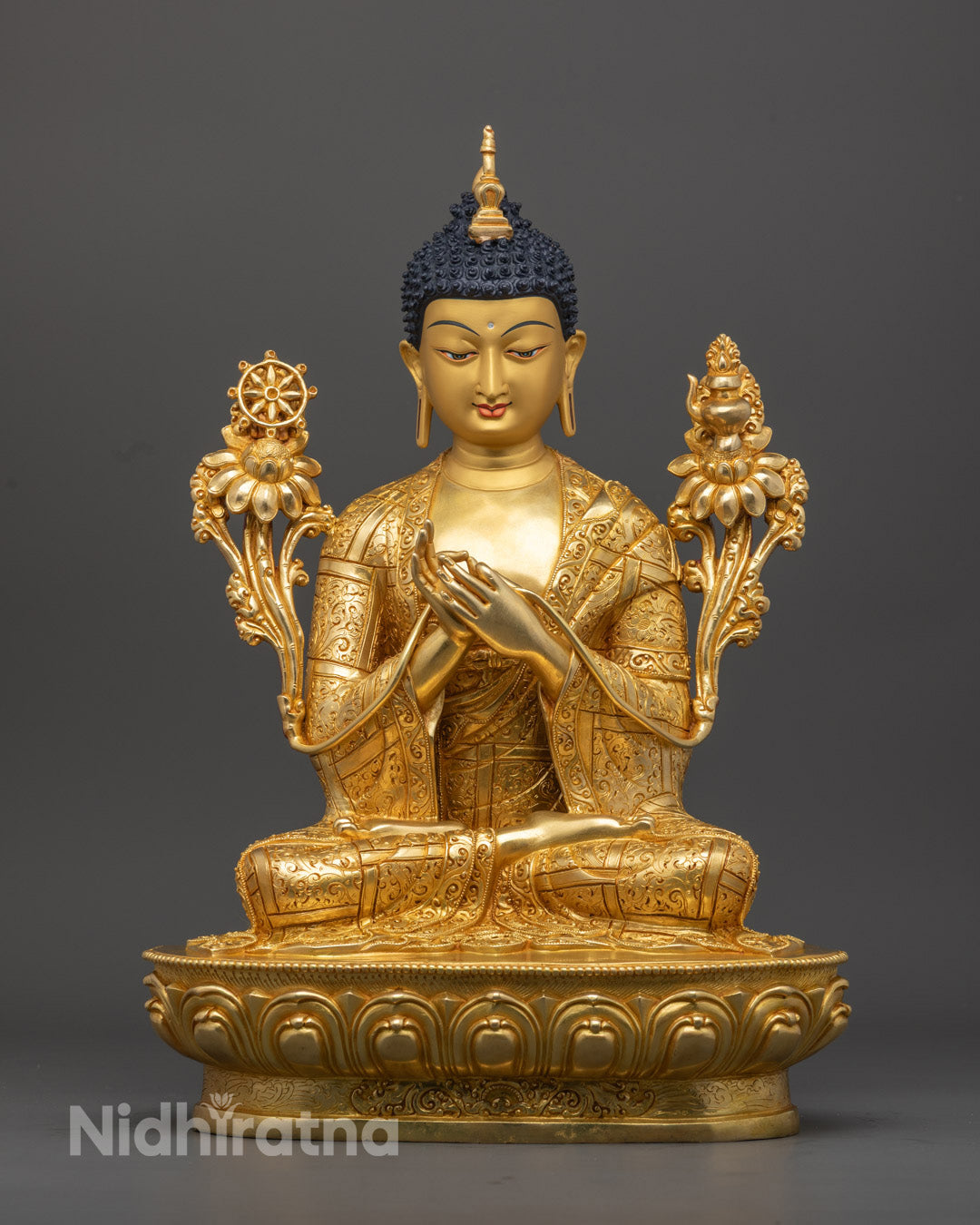 Handmade Maitreya Buddha statue in meditative pose, crafted from 24K gold-gilded copper on a lotus pedestal.