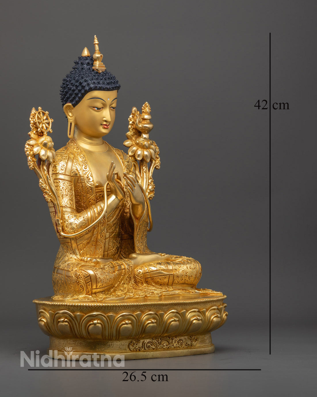 Maitreya Buddha seated serenely, featuring intricate detailing and radiant gold finish.