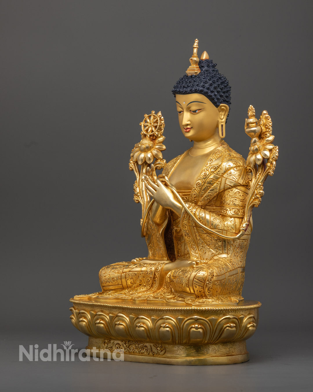 Maitreya Buddha statue with flawless craftsmanship and gold embellishments on a single lotus base.