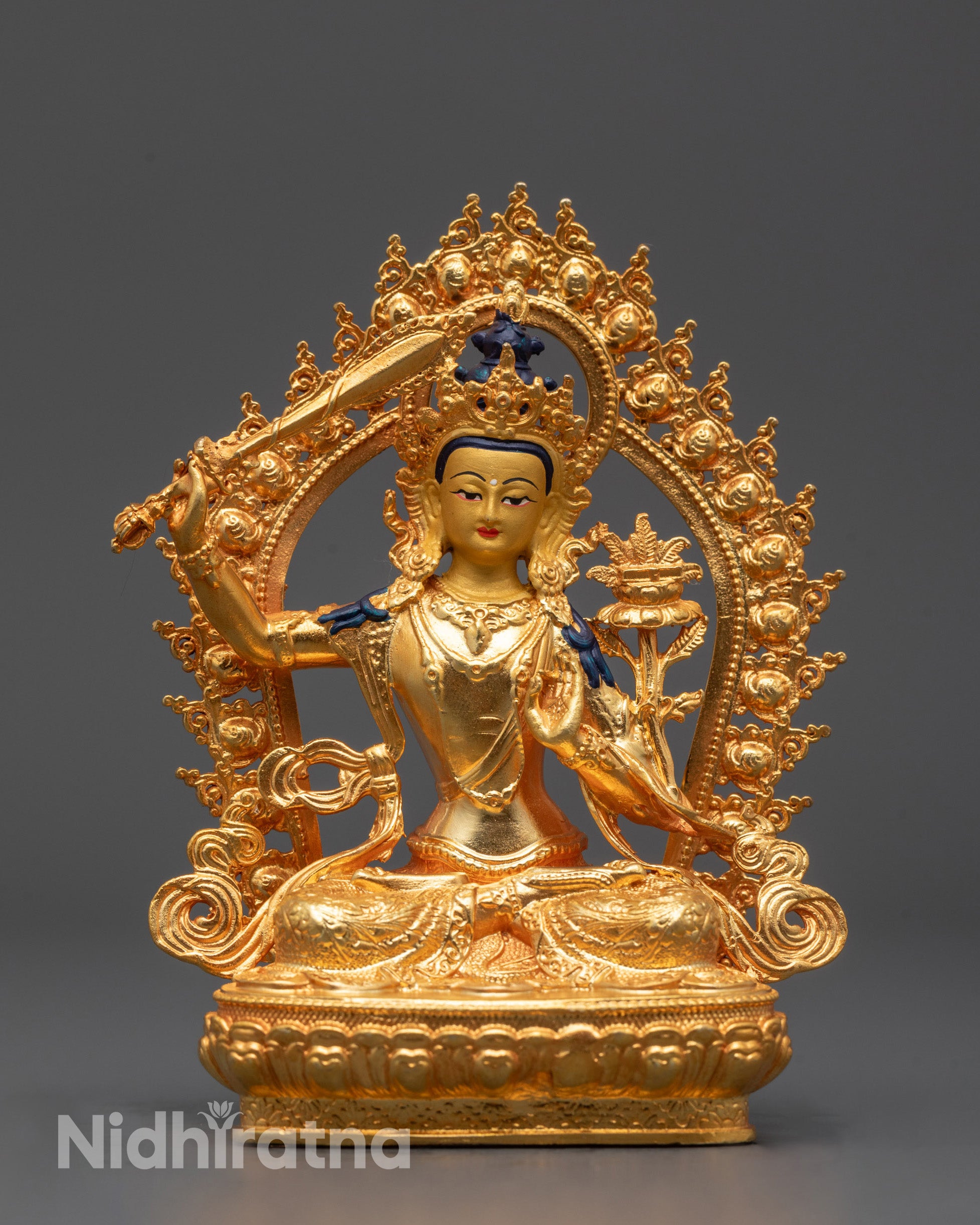 Machine-Made Manjushri Statue in 24k Gold Finish Seated on Lotus Base