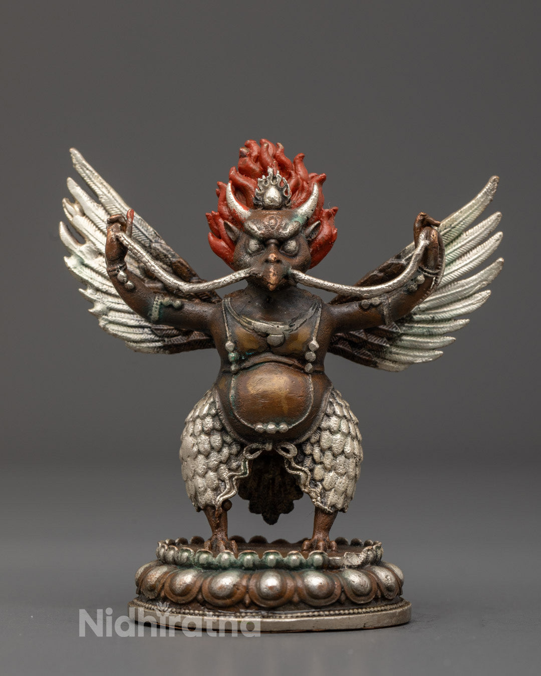Machine-Made Oxidized Garuda Sculpture with silver plating and vibrant acrylic paint – Buddhist mythical protector statue