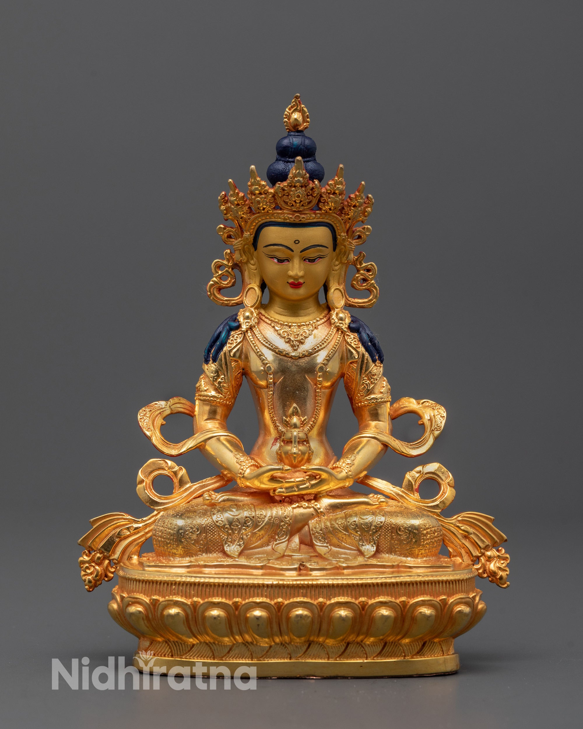 Machine-made Amitayus Sculpture seated on lotus base holding nectar kalash