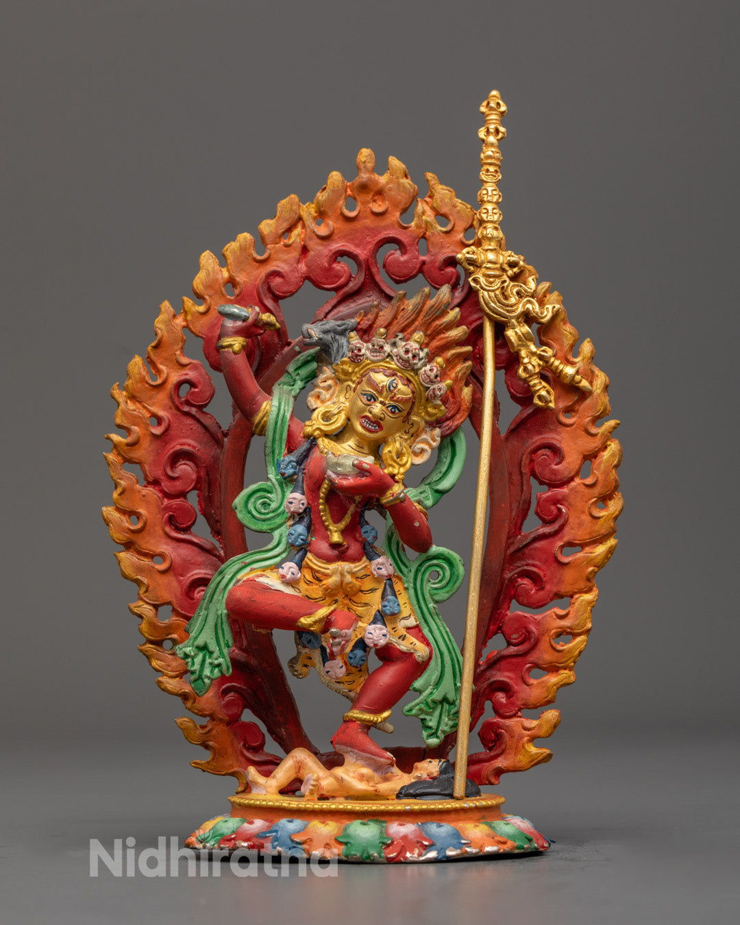 Machine-made copper statue of Dorje Phagmo with vibrant red acrylic details, symbolizing fierce wisdom in Tibetan Buddhism.