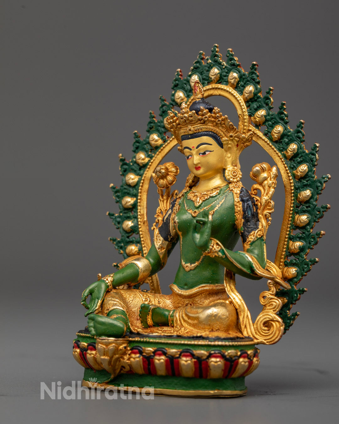 Machine-made electroplated Green Tara statue showcasing vibrant green body and rich acrylic colors