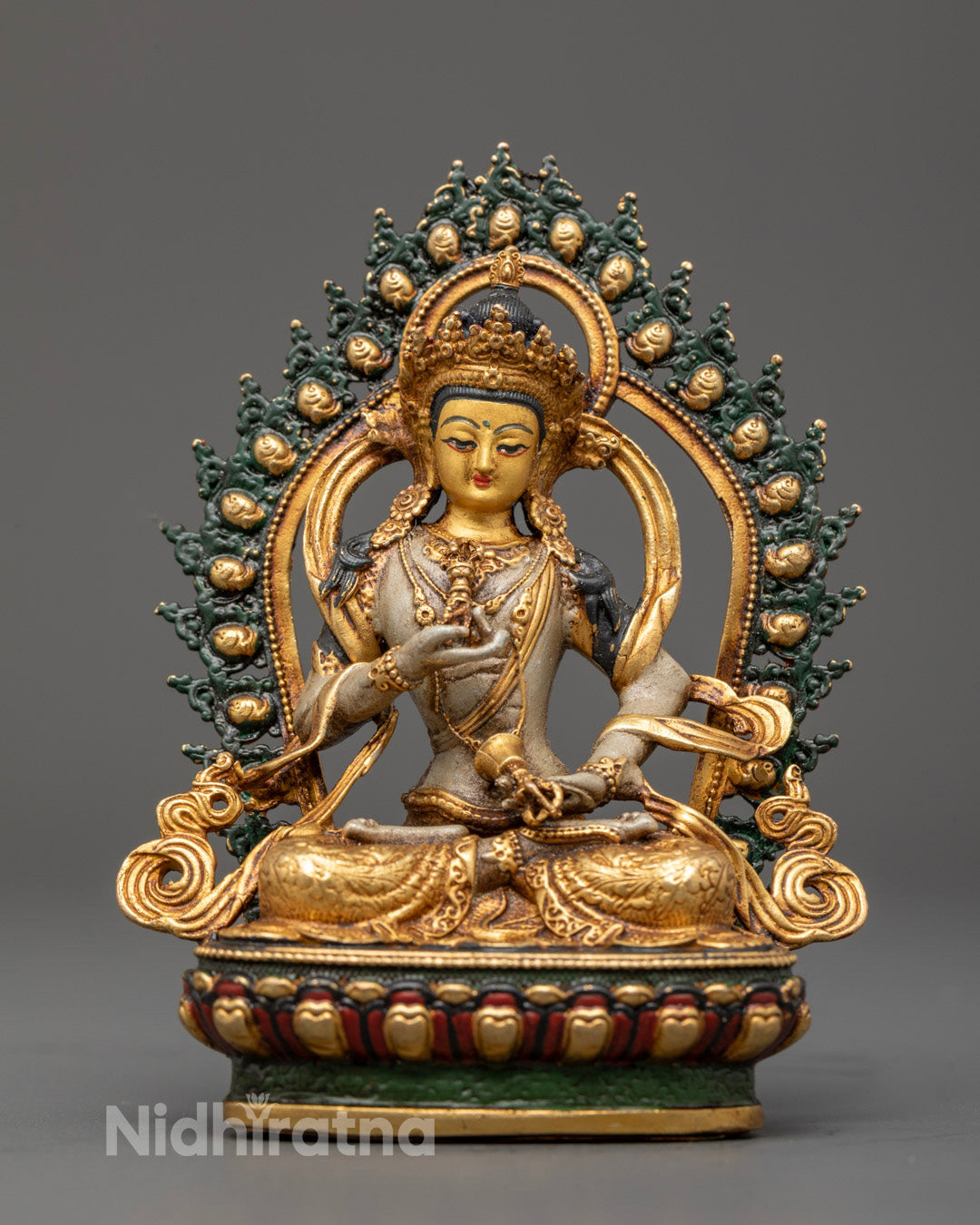 Machine Made Vajrasattva Statue with gold-plated face, gold-gilded body, and detailed crown and jewelry