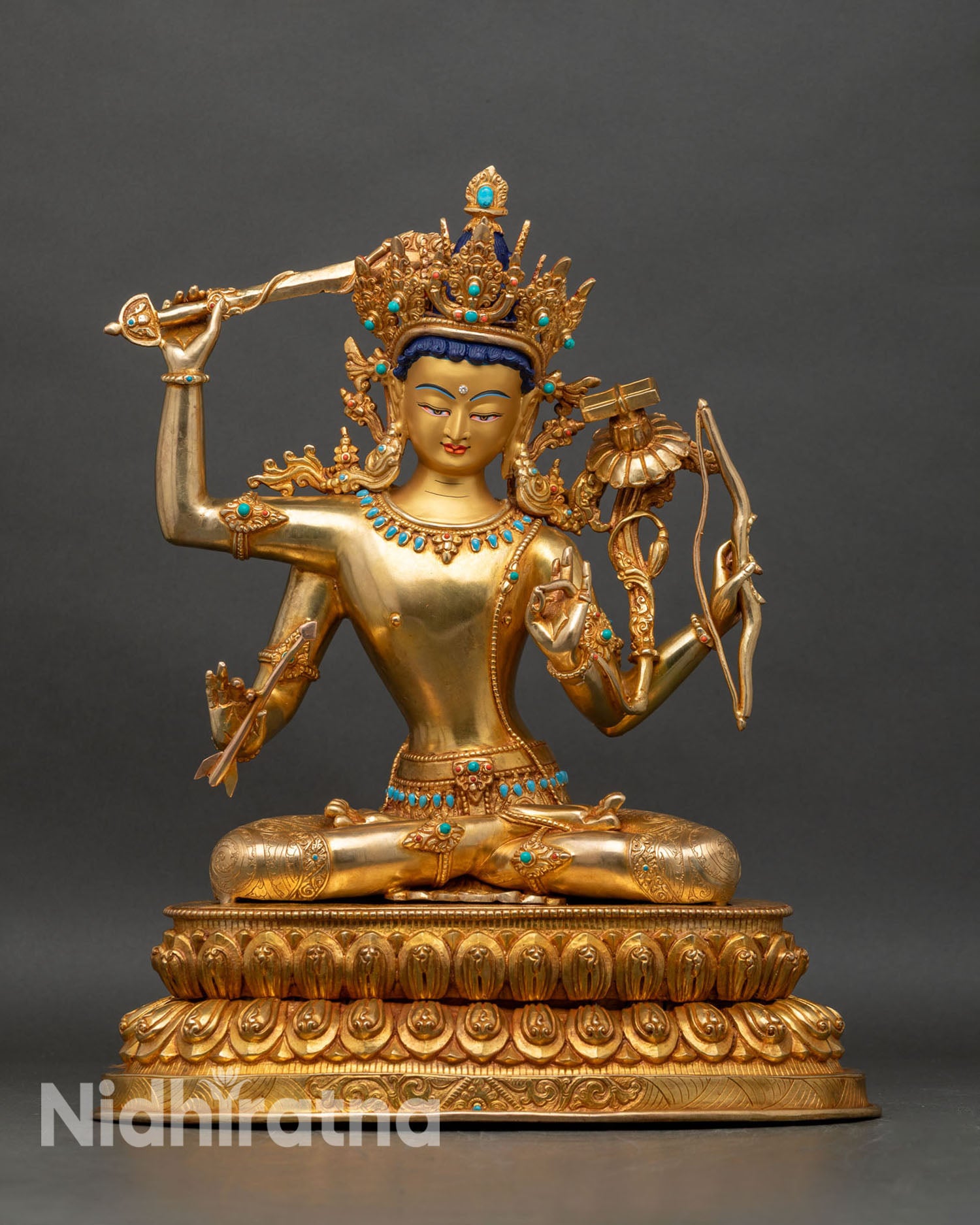 Maha Manjushri statue front view, four-armed copper figure with 24K gold fire gilding