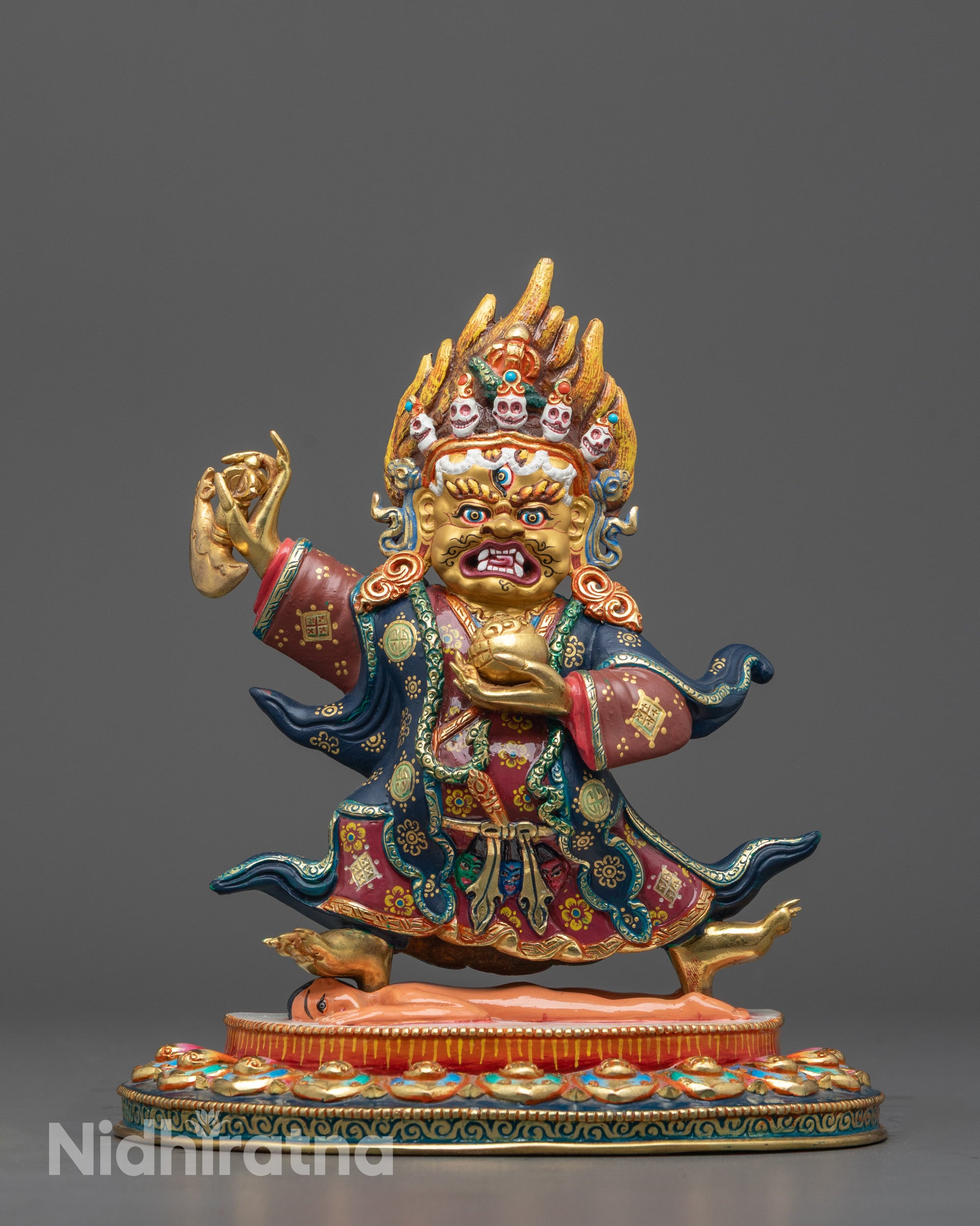 Tibetan Mahakala Bernagchen Statue with Crown and Flames
