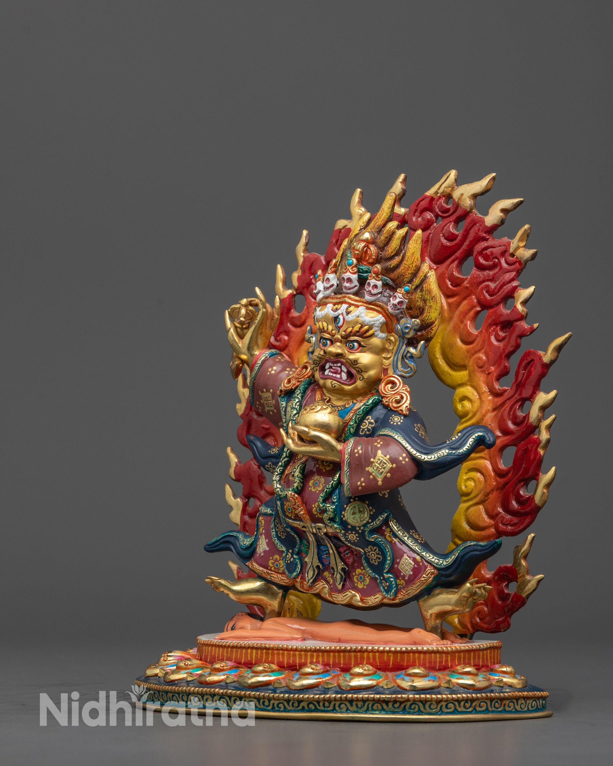 Tibetan Mahakala Bernagchen Statue with Crown and Flames