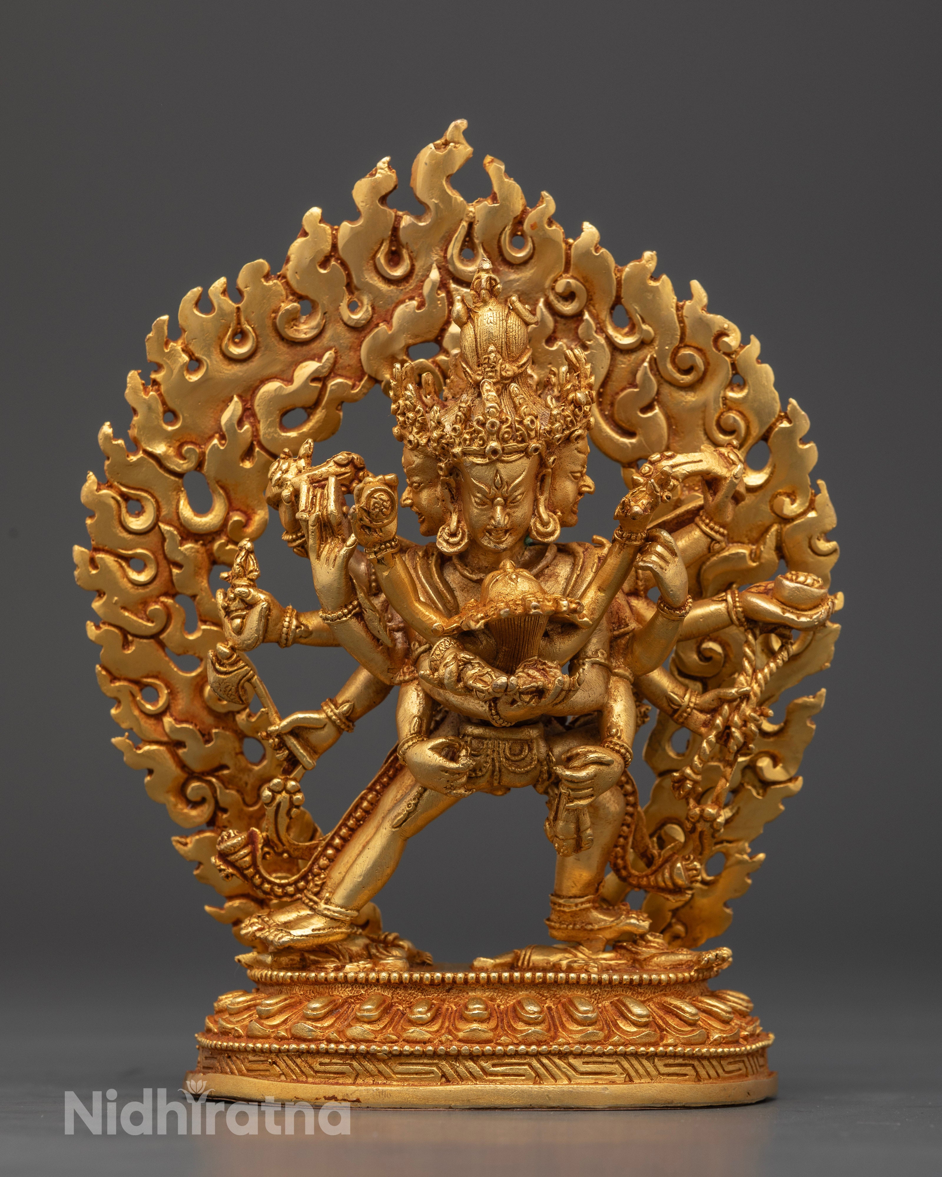 Mahakala Bernagchen protector deity figurine, machine-made Nepalese statue with 24K gold fire-gilding