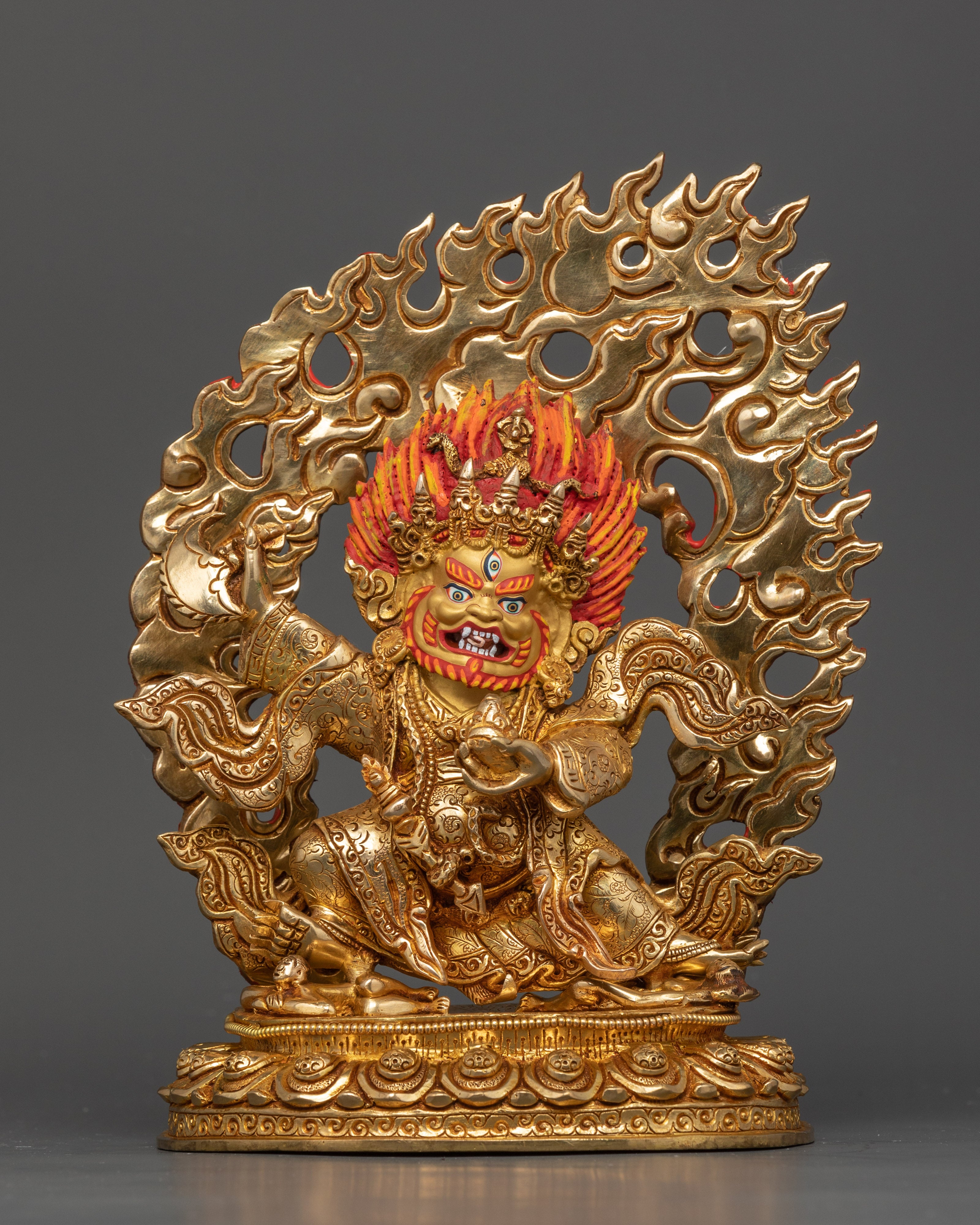 Mahakala Bernagchen statue handcrafted by Newar artisans, gold fire-gilded Nepalese art