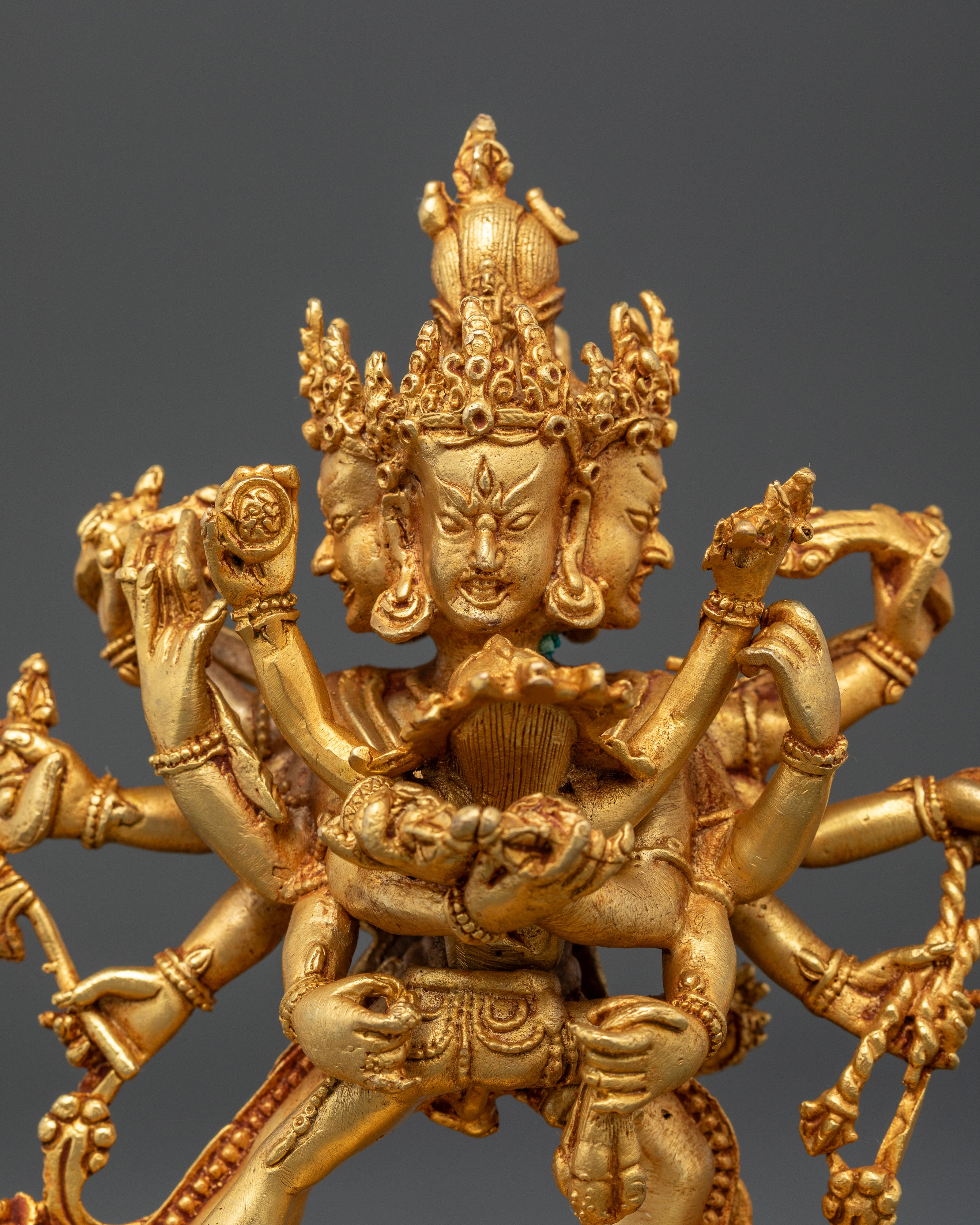 Mahakala Bernagchen with consort holding vajra and bell, gold-plated Nepalese Buddhist altar sculpture