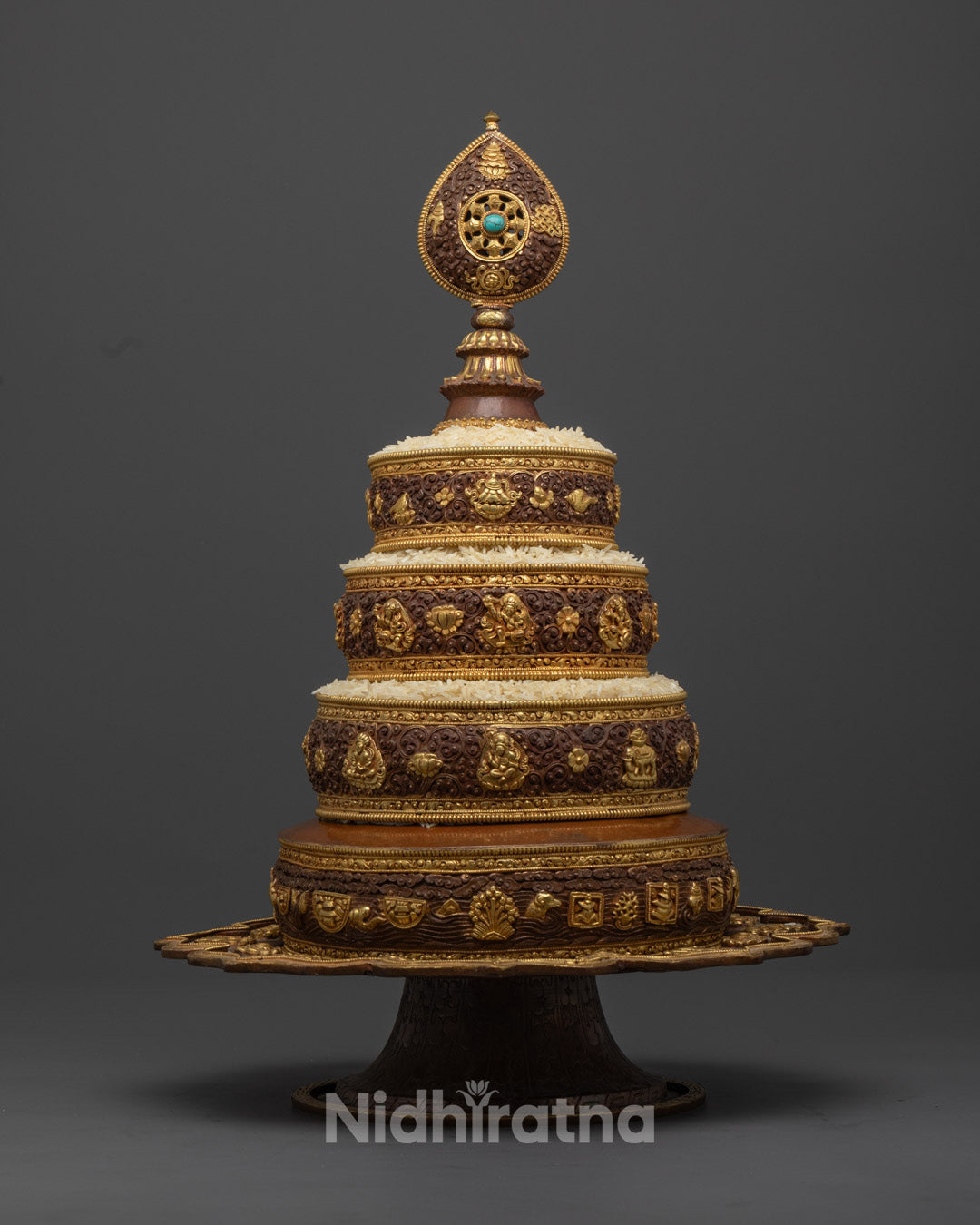Hand-Carved Copper Ratna Mandala with Semi-Precious Stones
