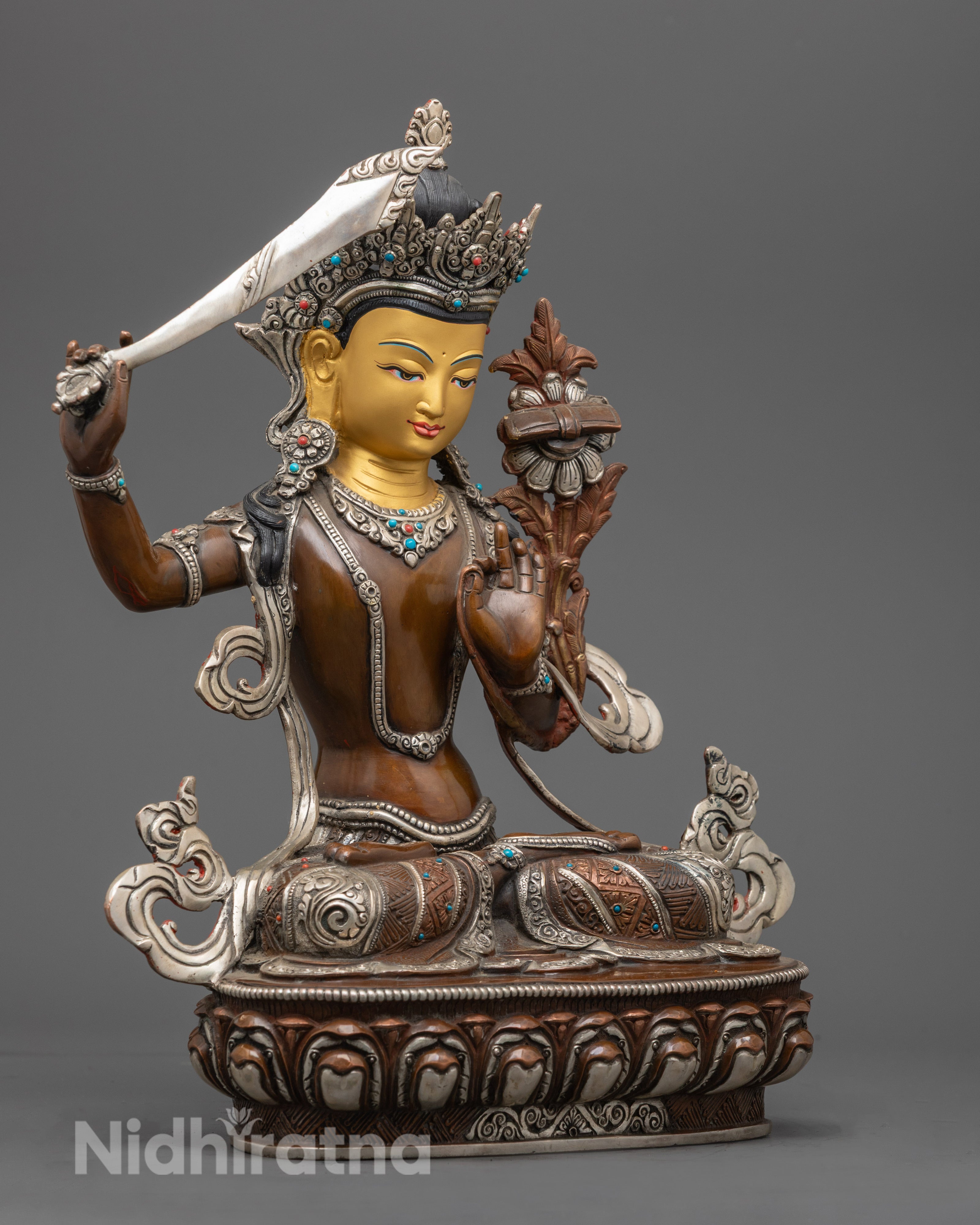 Manjushri Statue in Oxidized Copper