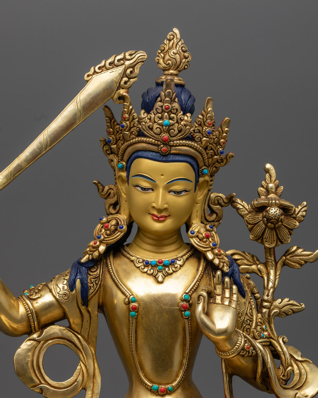 Manjushri Statue – 24K Gold-Gilded Copper Bodhisattva with Flaming Sword & Scripture – Symbol of Wisdom & Spiritual Awakening in Buddhism