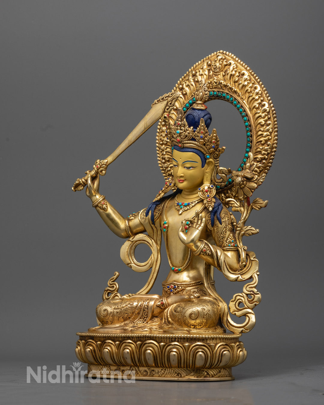 Manjushri Bodhisattva Statue – 24K Gold-Gilded Copper Buddhist Sculpture for Clarity & Enlightenment – Handmade in Patan, Nepal with Mantra Consecration