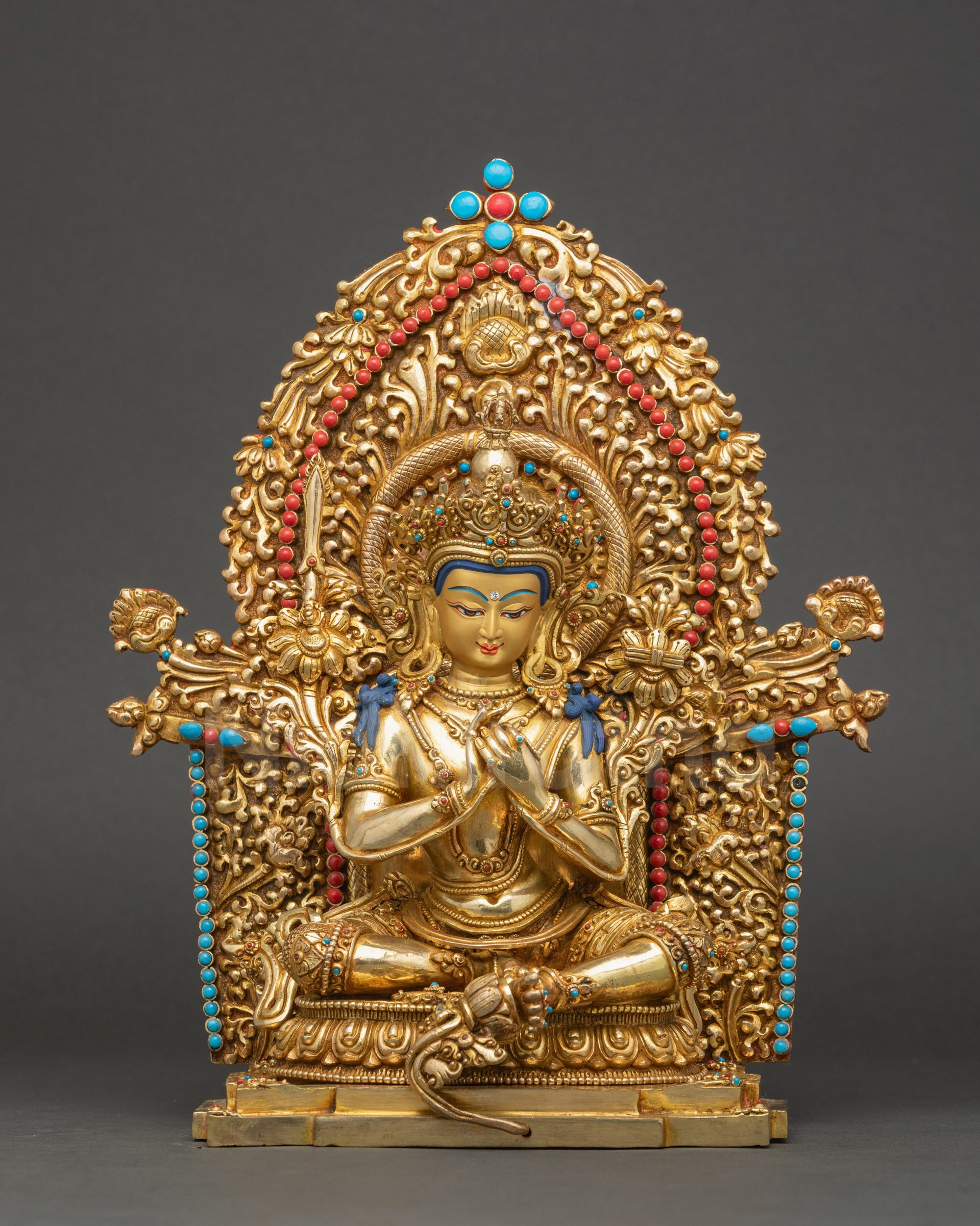 Front view of Manjushree Altar Sculpture with full crown, royal ease pose, and lotus pedestal