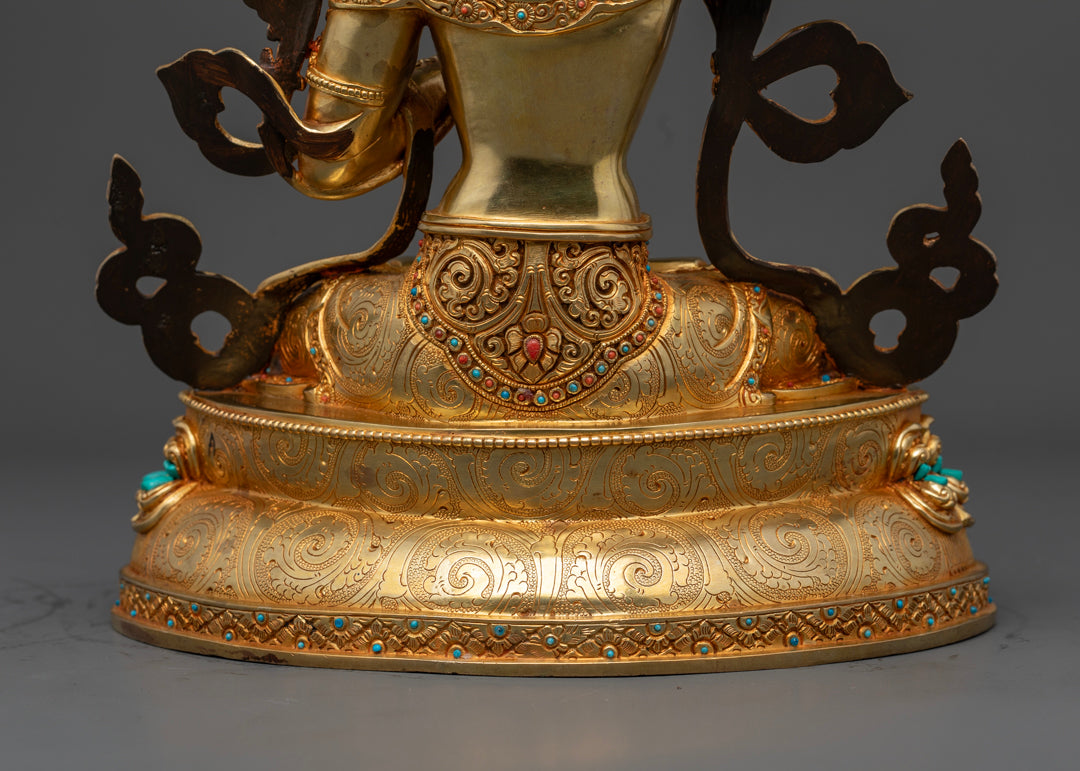 the back view of Manjushree statue's gold plated lotus seat adorned with semi precious gemstone