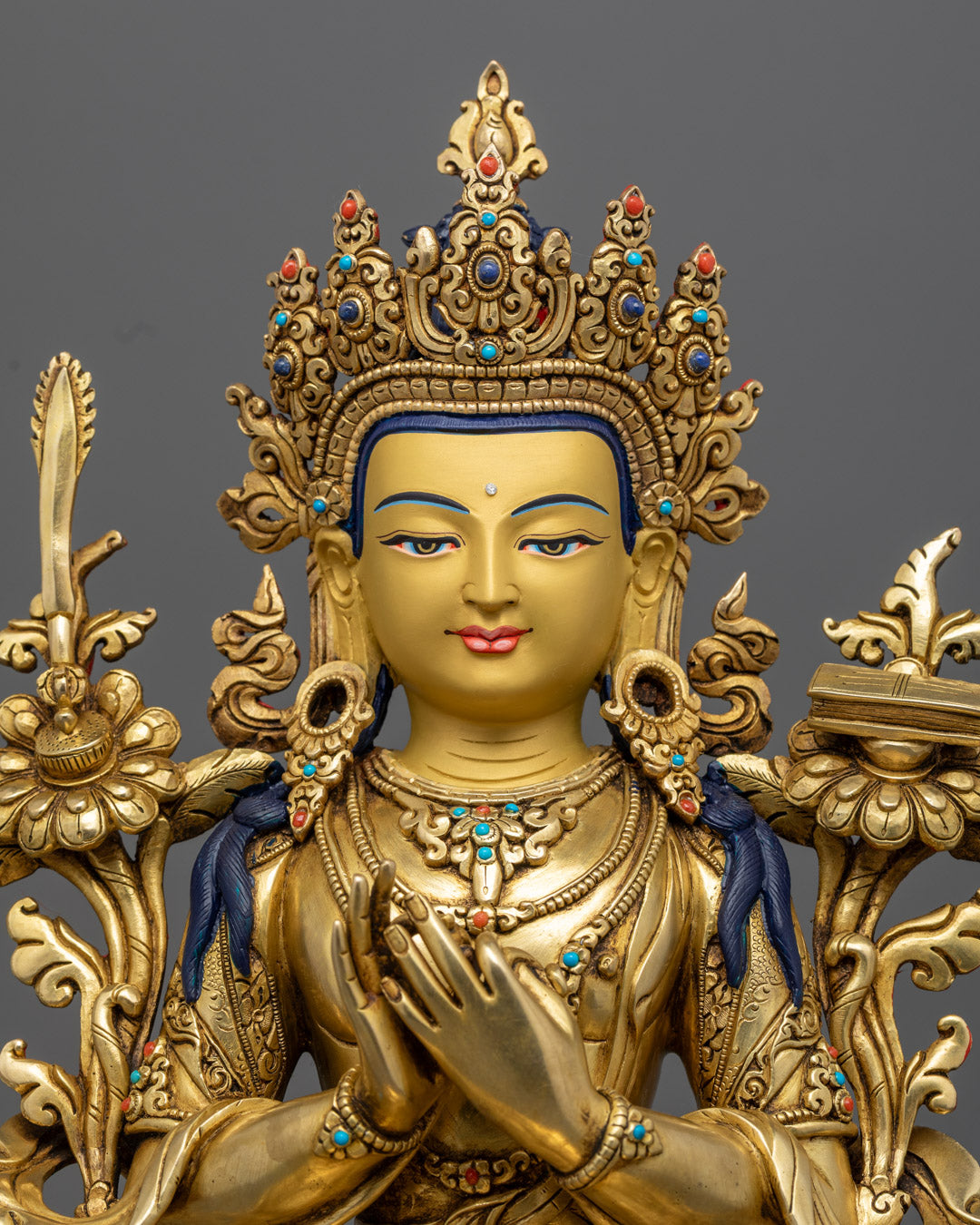 24k Gold Manjushri Statue | Copper Buddhist Sculpture