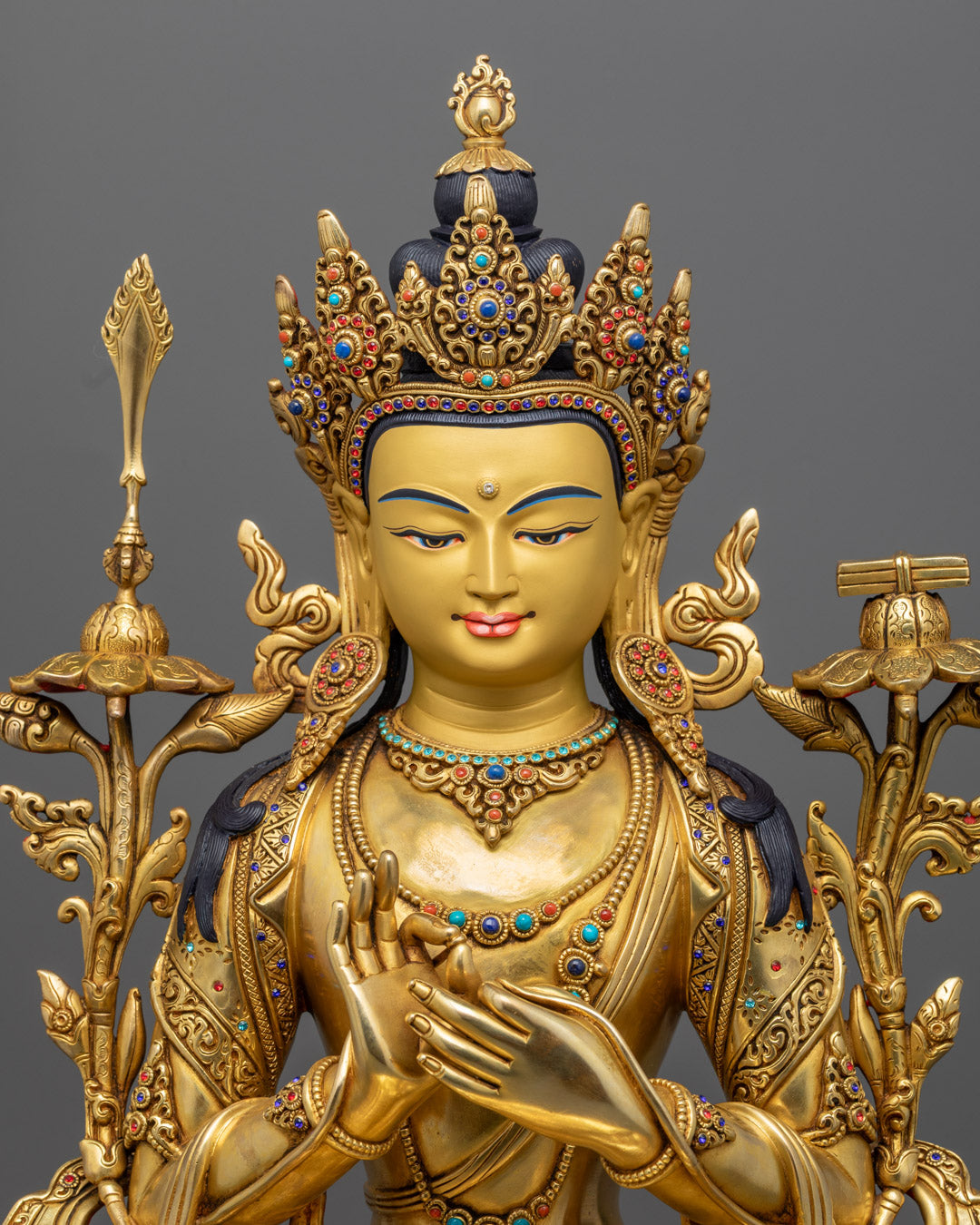 Manjushri Bodhisattva Statue – Golden Wisdom Deity Wielding Flaming Sword & Lotus Sutra | Handcrafted Copper Sculpture for Buddhist Altars & Meditation Spaces