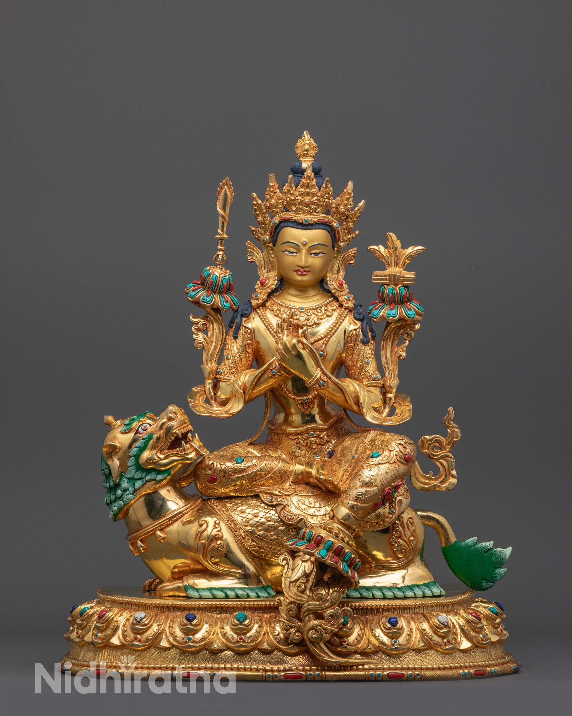 Premium Manjushri Statue with Snow Lion | Tibetan Wisdom Deity