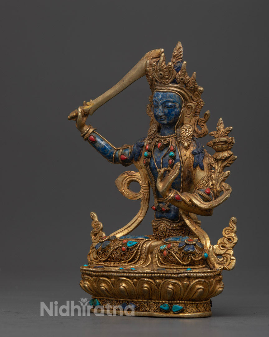 Handcrafted Lapis Lazuli Manjushri Statue: Himalayan Sacred Art