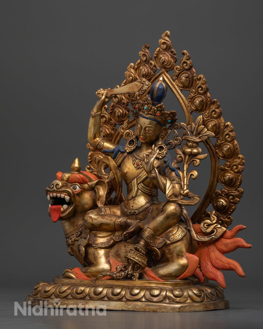 Nepalese Manjushri Statue | 24K Gold-Gilded Buddhist Deity Sculpture
