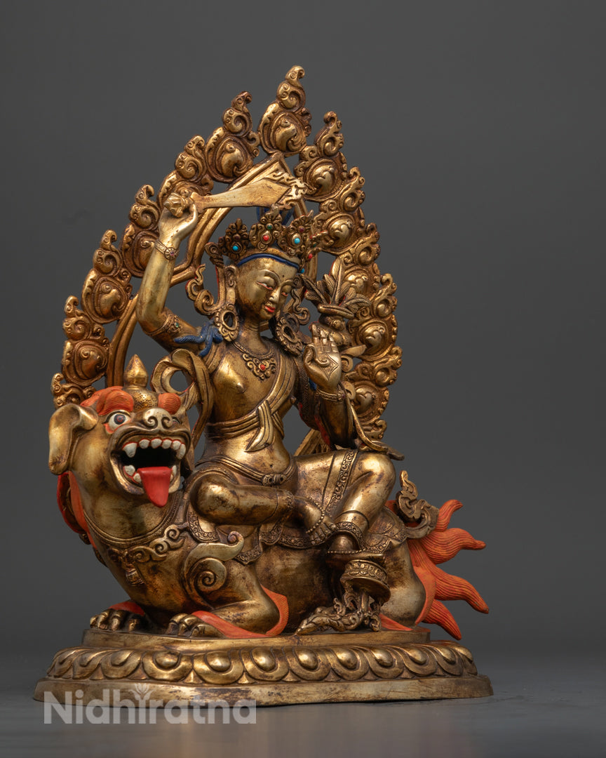 Nepalese Manjushri Statue | 24K Gold-Gilded Buddhist Deity Sculpture