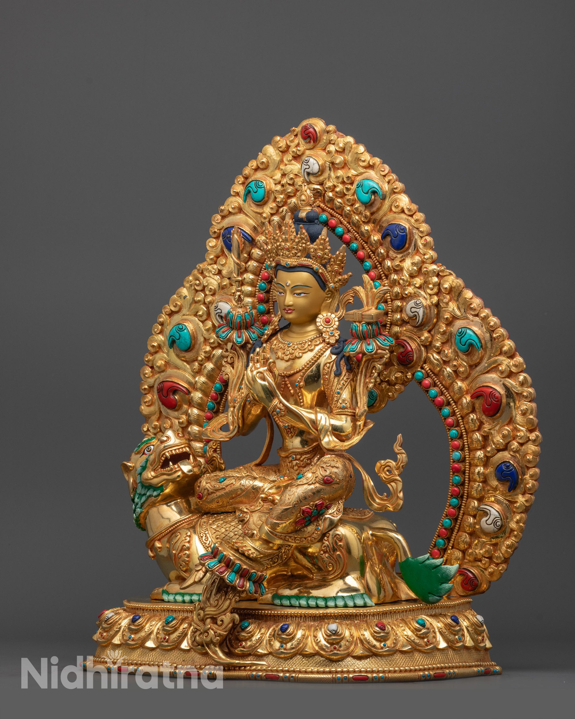 Premium Manjushri Statue with Snow Lion | Tibetan Wisdom Deity