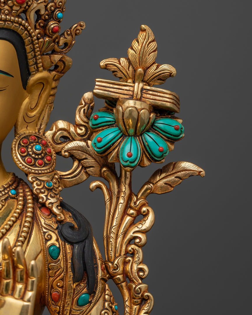 Hand-Carved Manjushri Statue | 24K Gold Gilded Buddhist Artwork