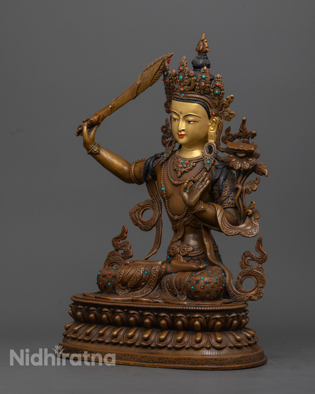 Hand-Carved Manjushri Statue | Wisdom Deity Sculpture