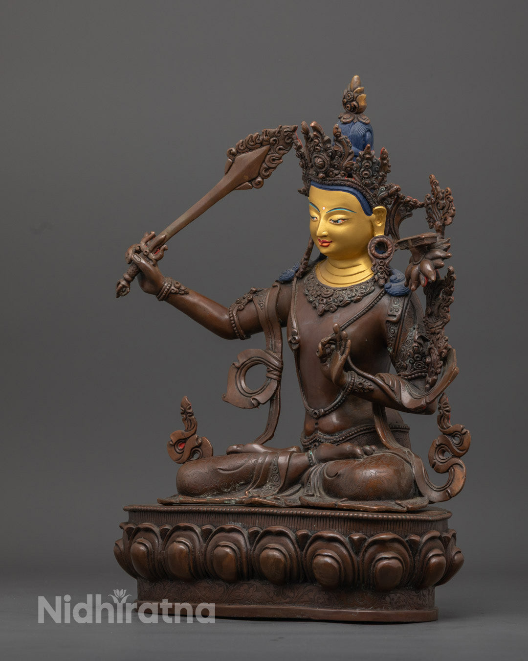 Manjushri Statue | Hand-Carved Oxidized Copper